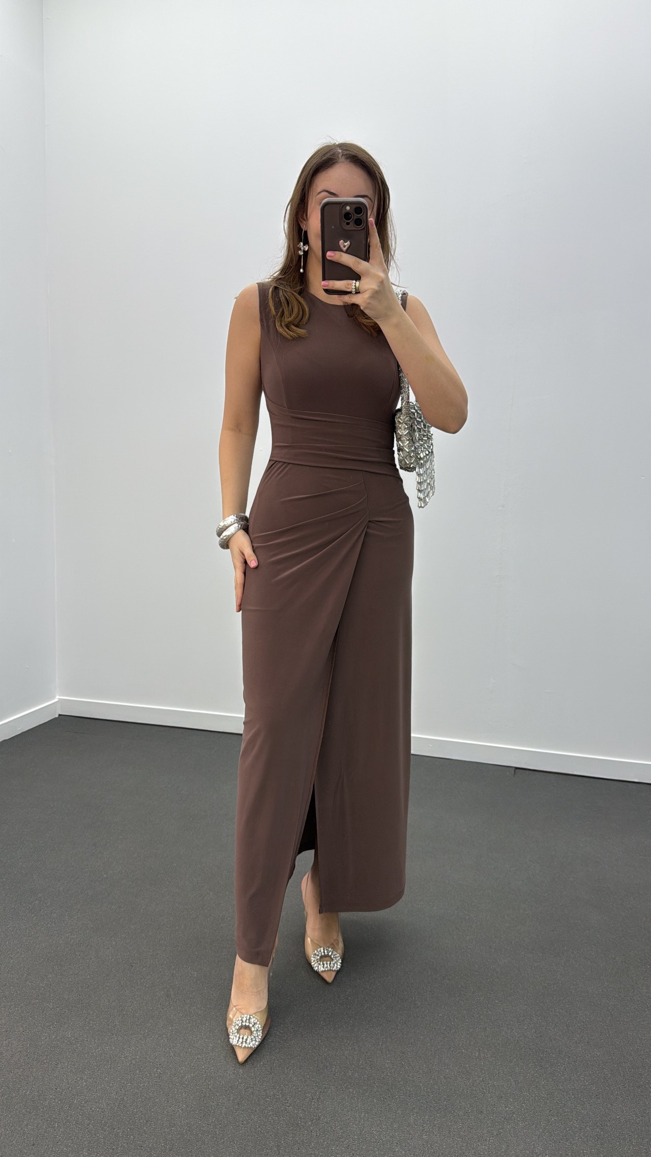 Patrica Kahve Drapeli Maxi Elbise