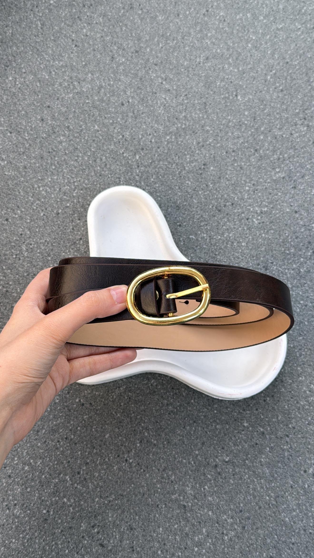 Pearl Gold Elips Toka Acı Kahve Kemer