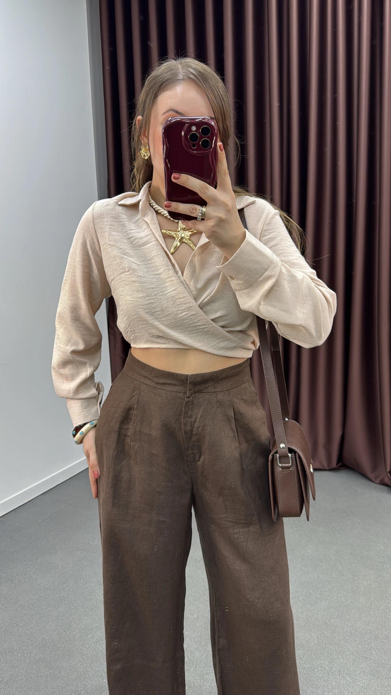 Perin Bej Keten Karışımlı Bağlamalı Gömlek