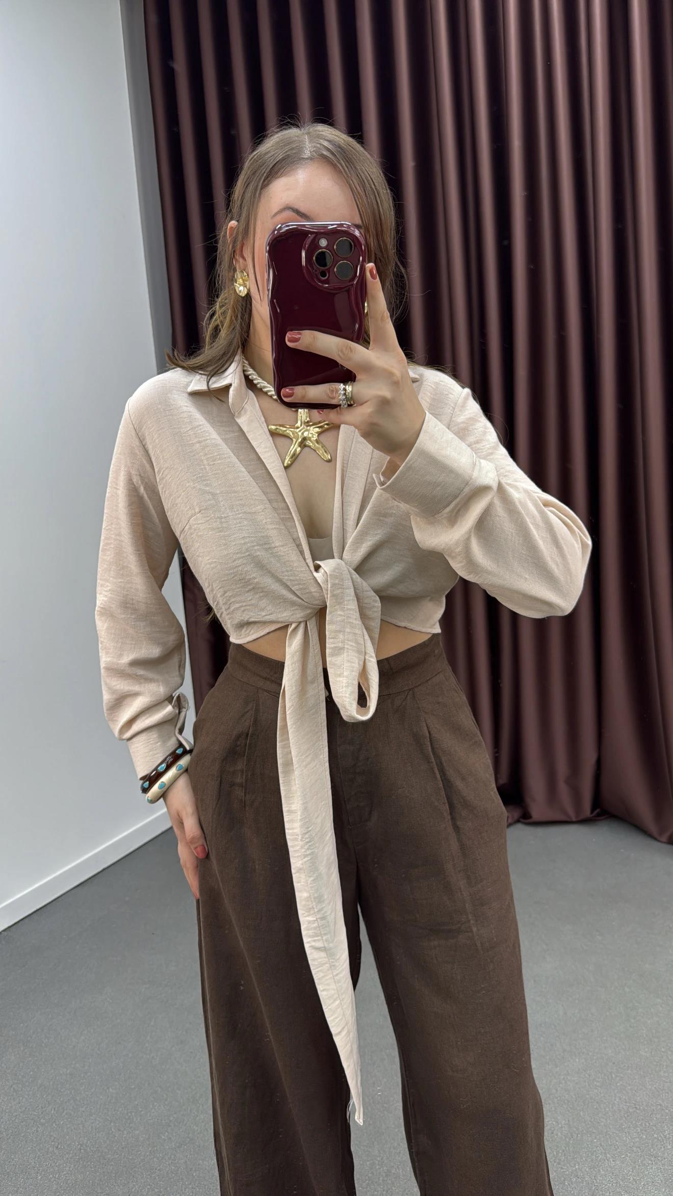 Perin Bej Keten Karışımlı Bağlamalı Gömlek