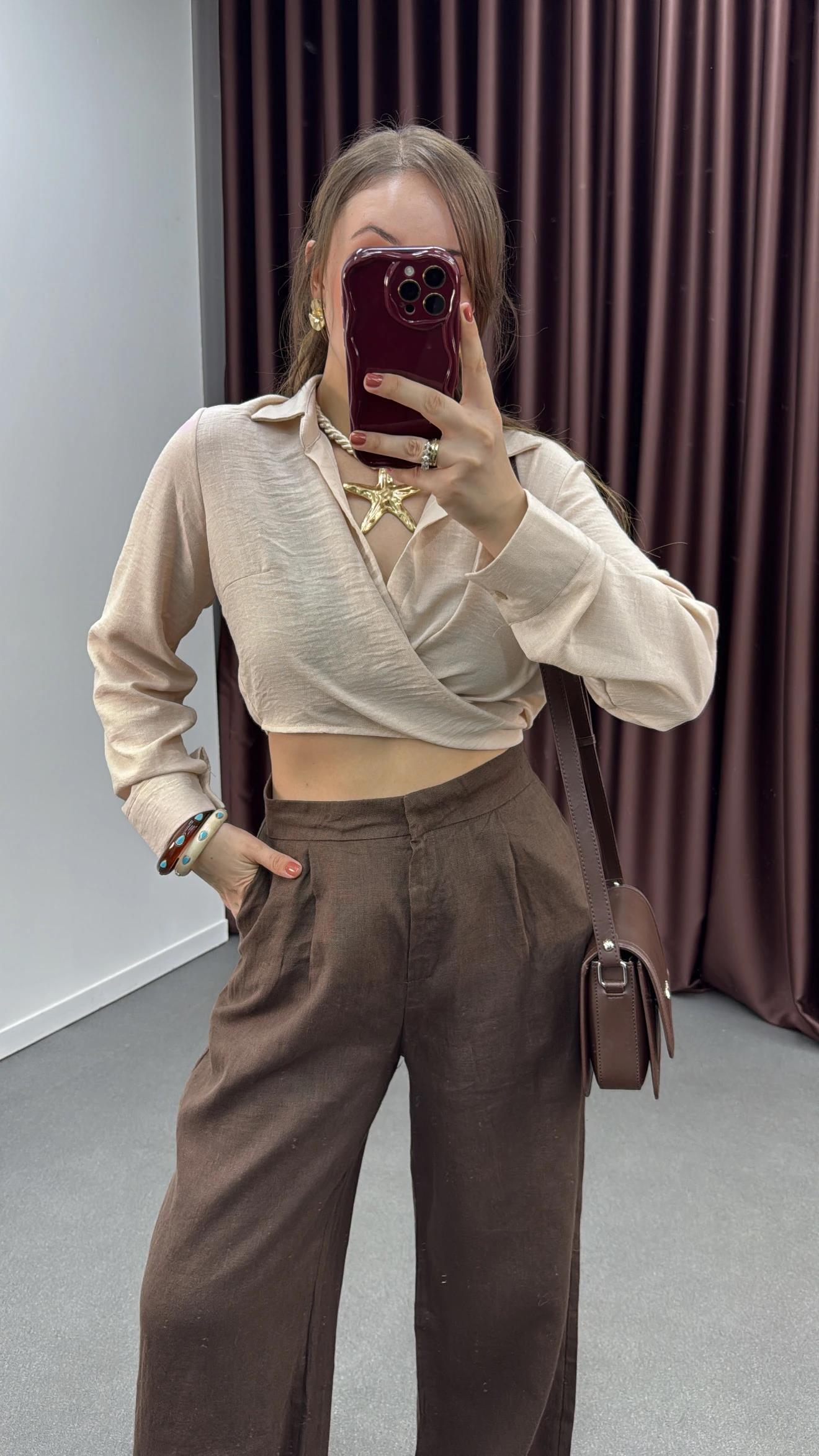 Perin Bej Keten Karışımlı Bağlamalı Gömlek