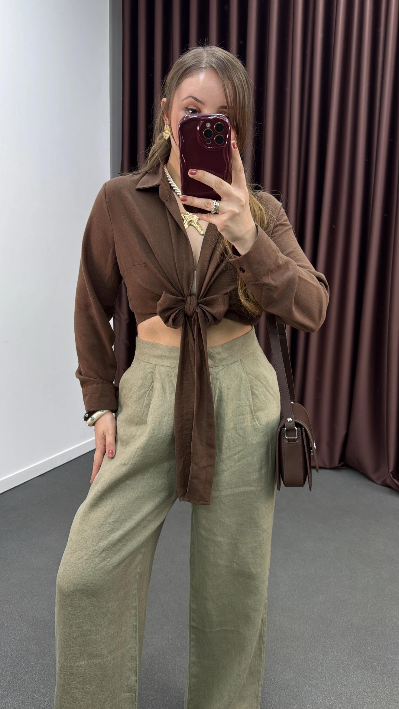 Perin Kahverengi Keten Karışımlı Bağlamalı Gömlek