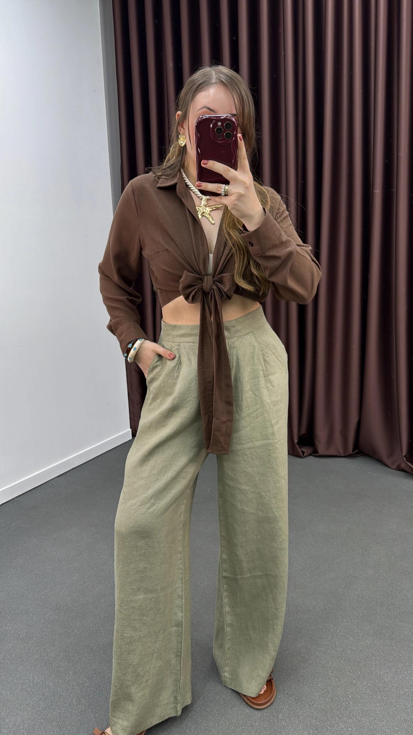 Perin Kahverengi Keten Karışımlı Bağlamalı Gömlek