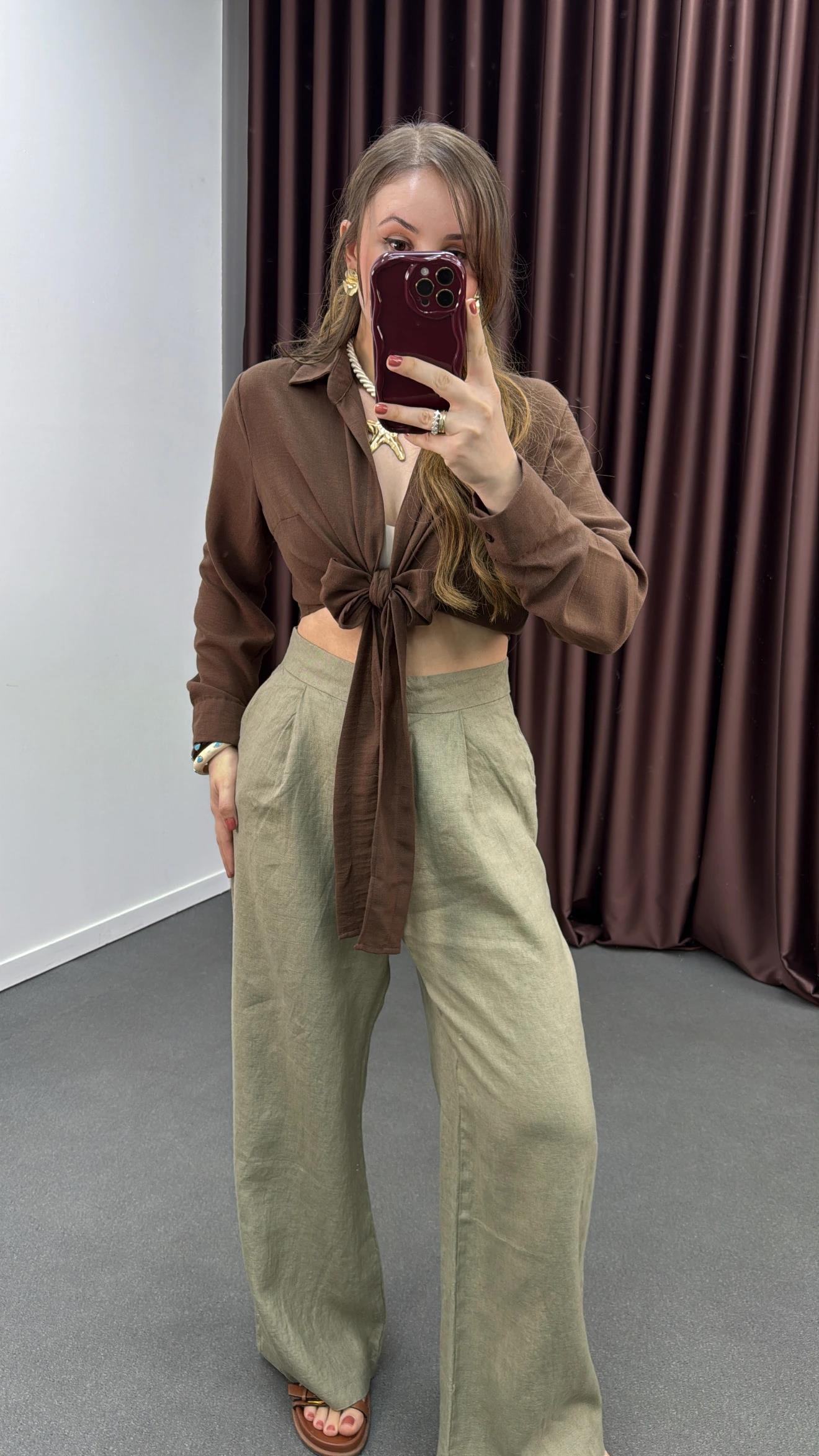 Perin Kahverengi Keten Karışımlı Bağlamalı Gömlek