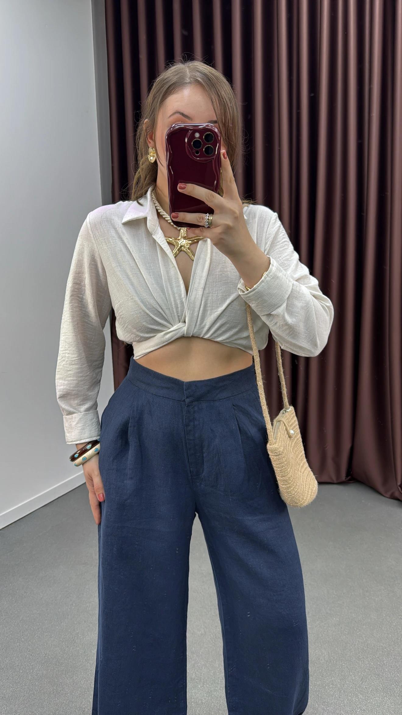 Perin Kırık Beyaz Keten Karışımlı Bağlamalı Gömlek