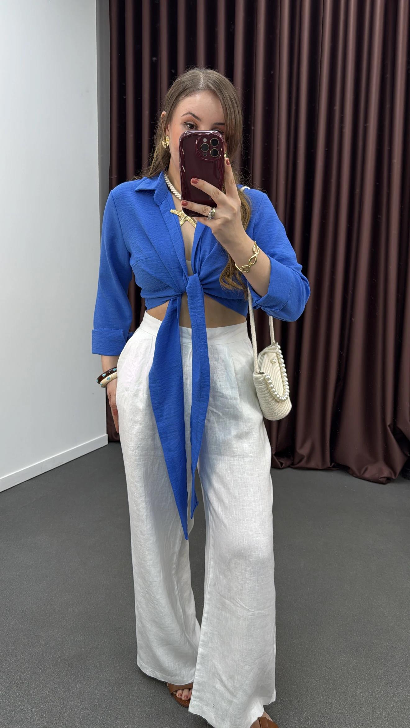 Perin Mavi Keten Karışımlı Bağlamalı Gömlek