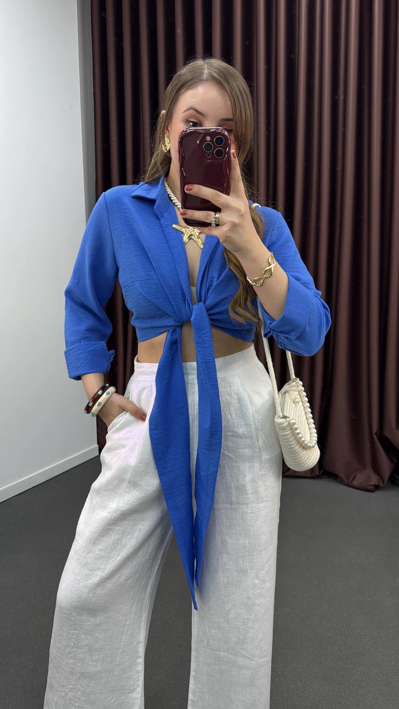 Perin Mavi Keten Karışımlı Bağlamalı Gömlek