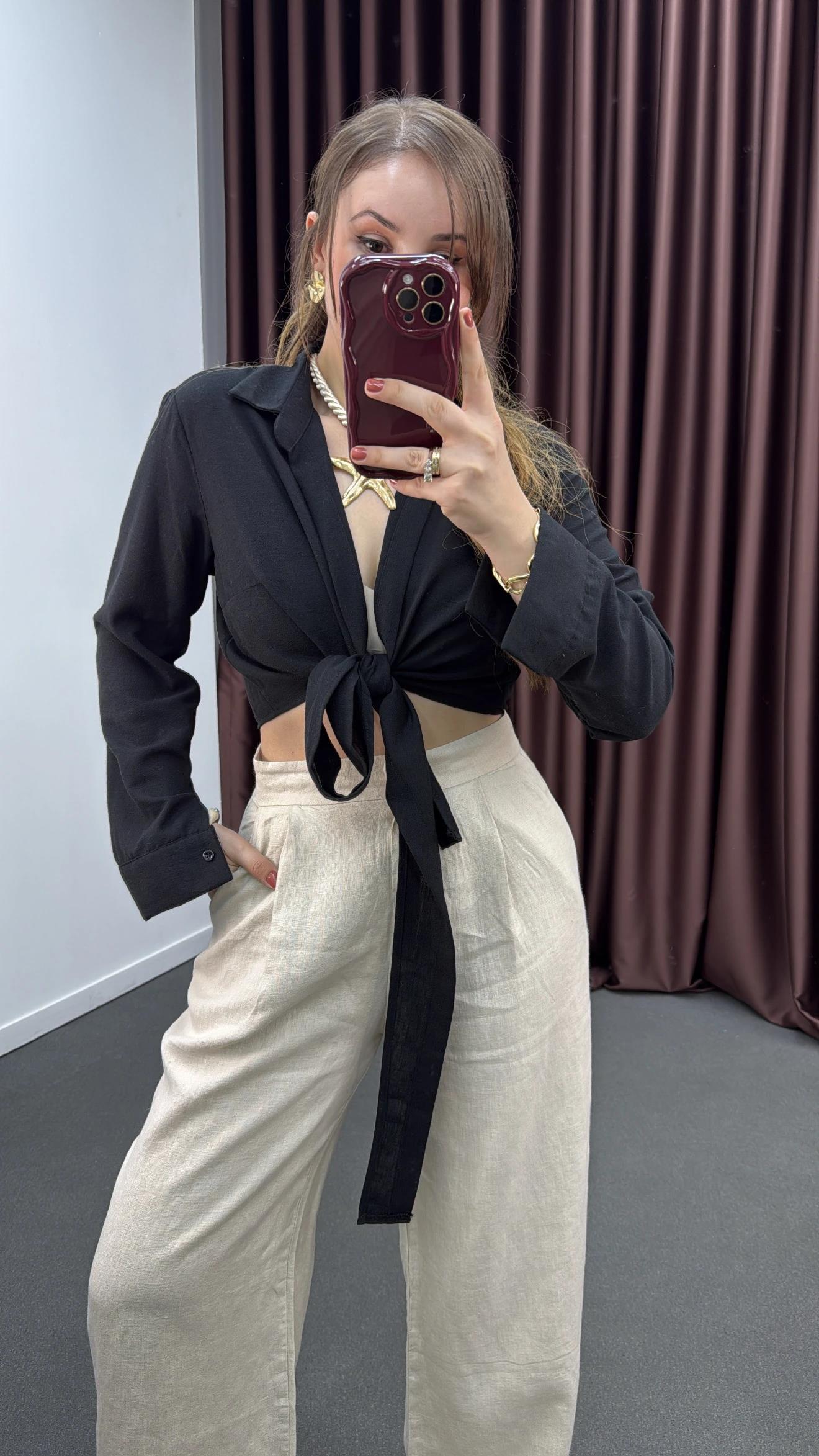 Perin Siyah Keten Karışımlı Bağlamalı Gömlek