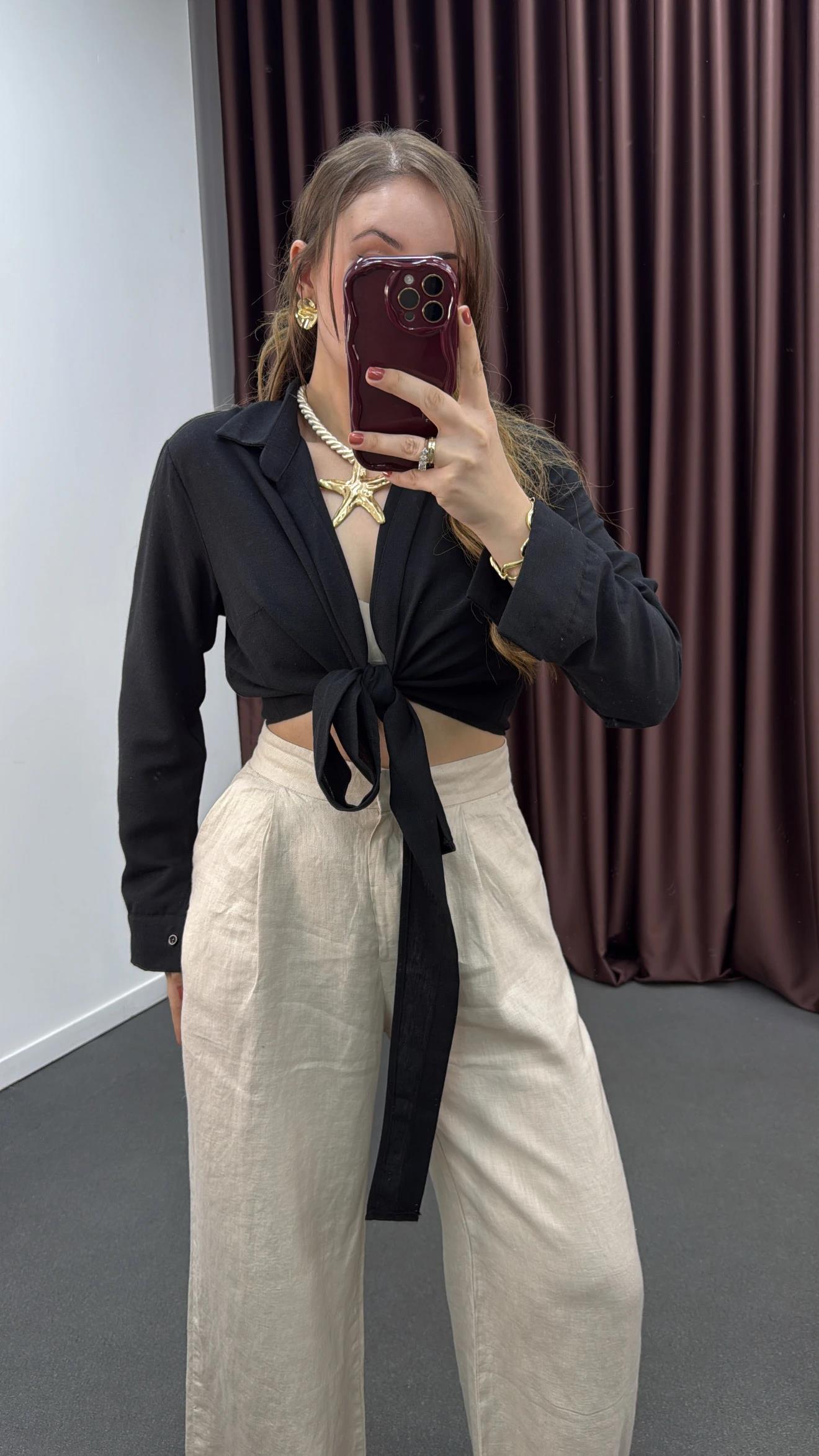 Perin Siyah Keten Karışımlı Bağlamalı Gömlek