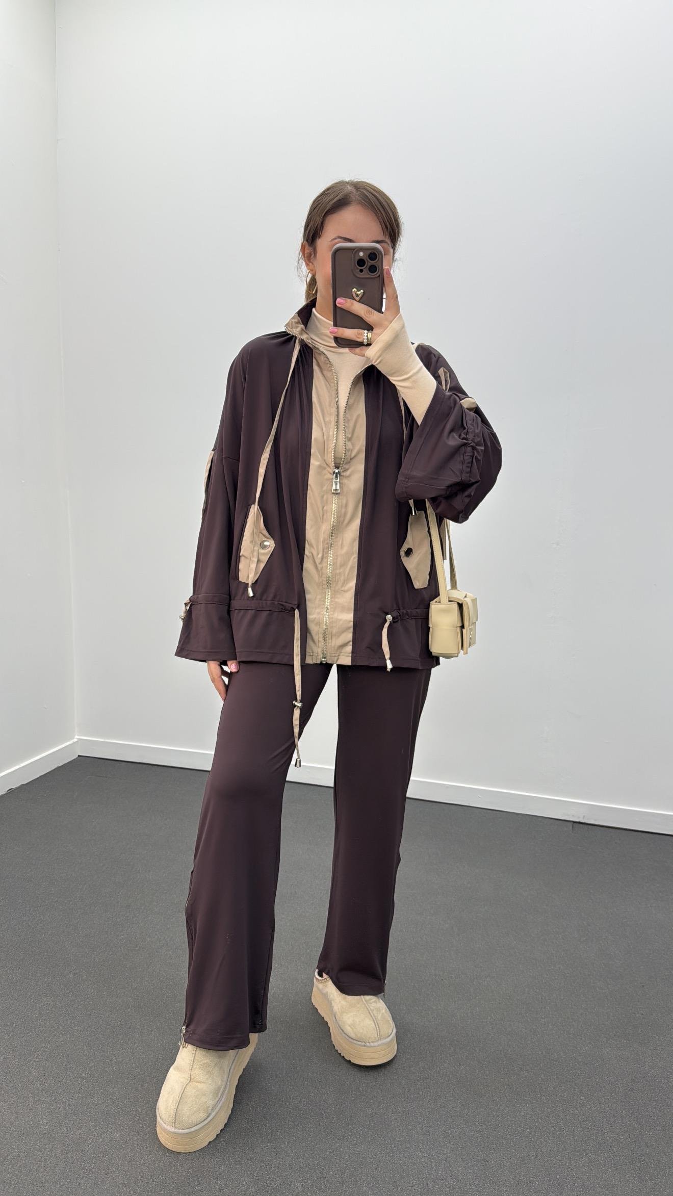 Perla Kahve Bej Modal Likralı Ceket Pantolon Takımı