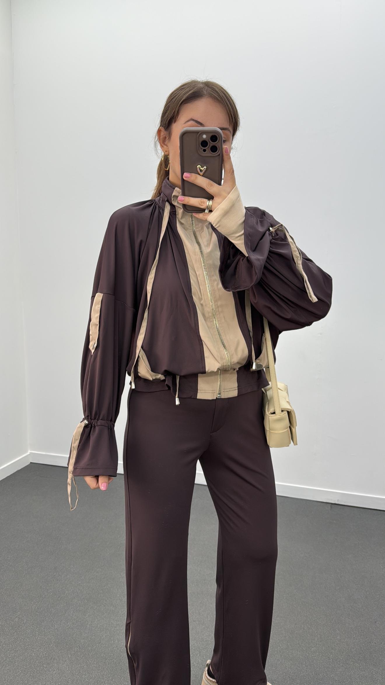 Perla Kahve Bej Modal Likralı Ceket Pantolon Takımı