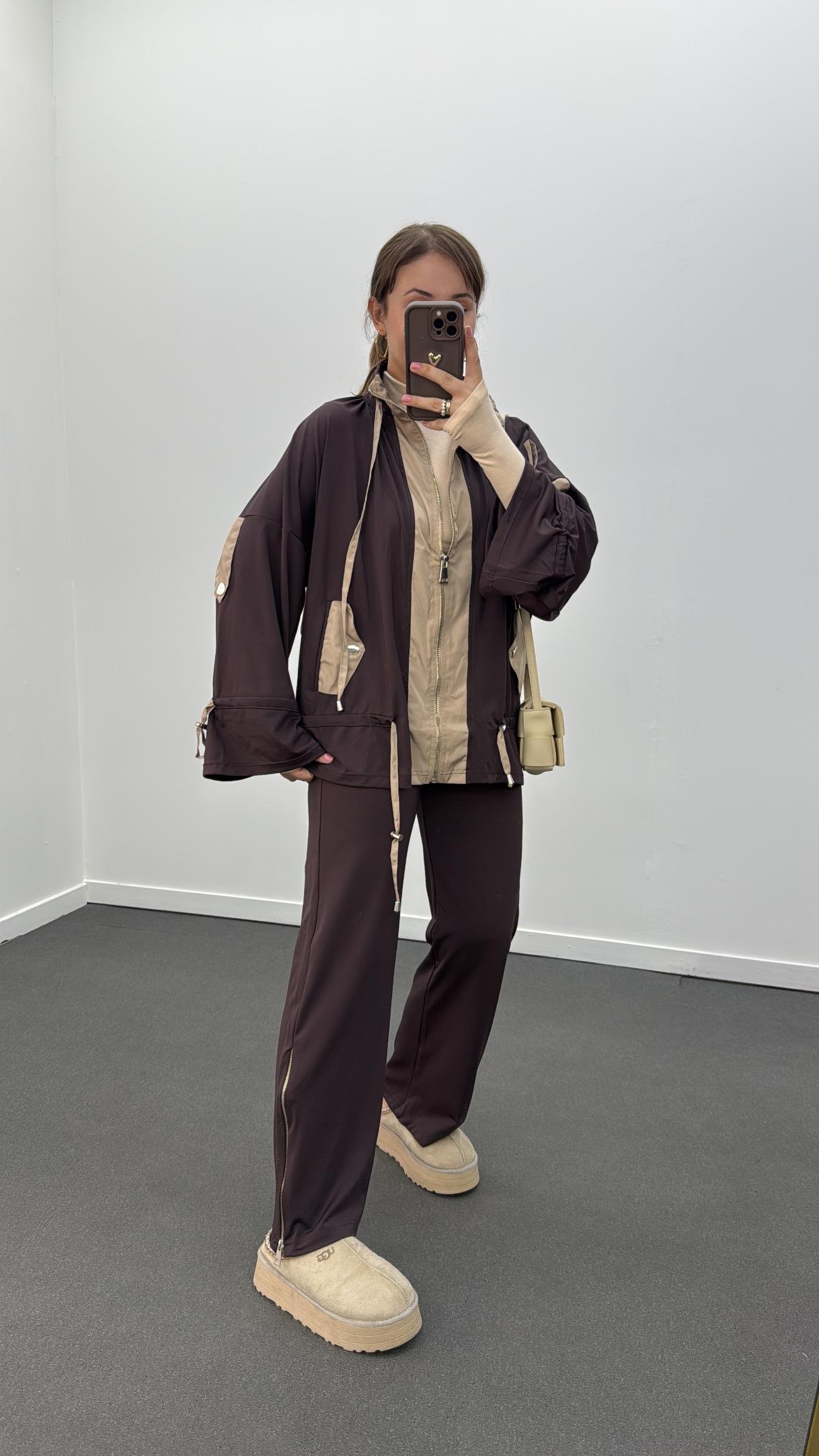 Perla Kahve Bej Modal Likralı Ceket Pantolon Takımı