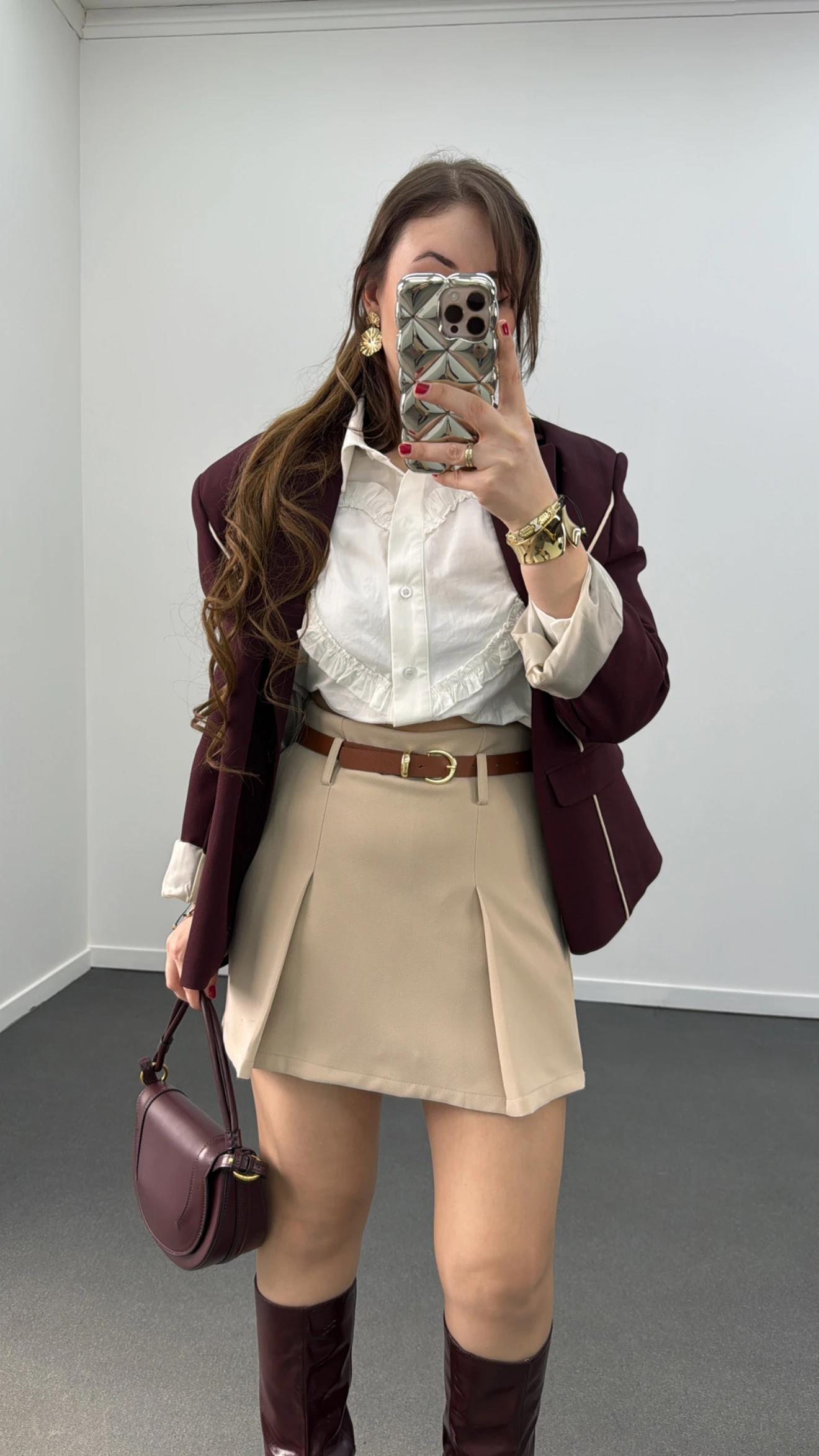 Perrie Bej Kemerli Şort Etek