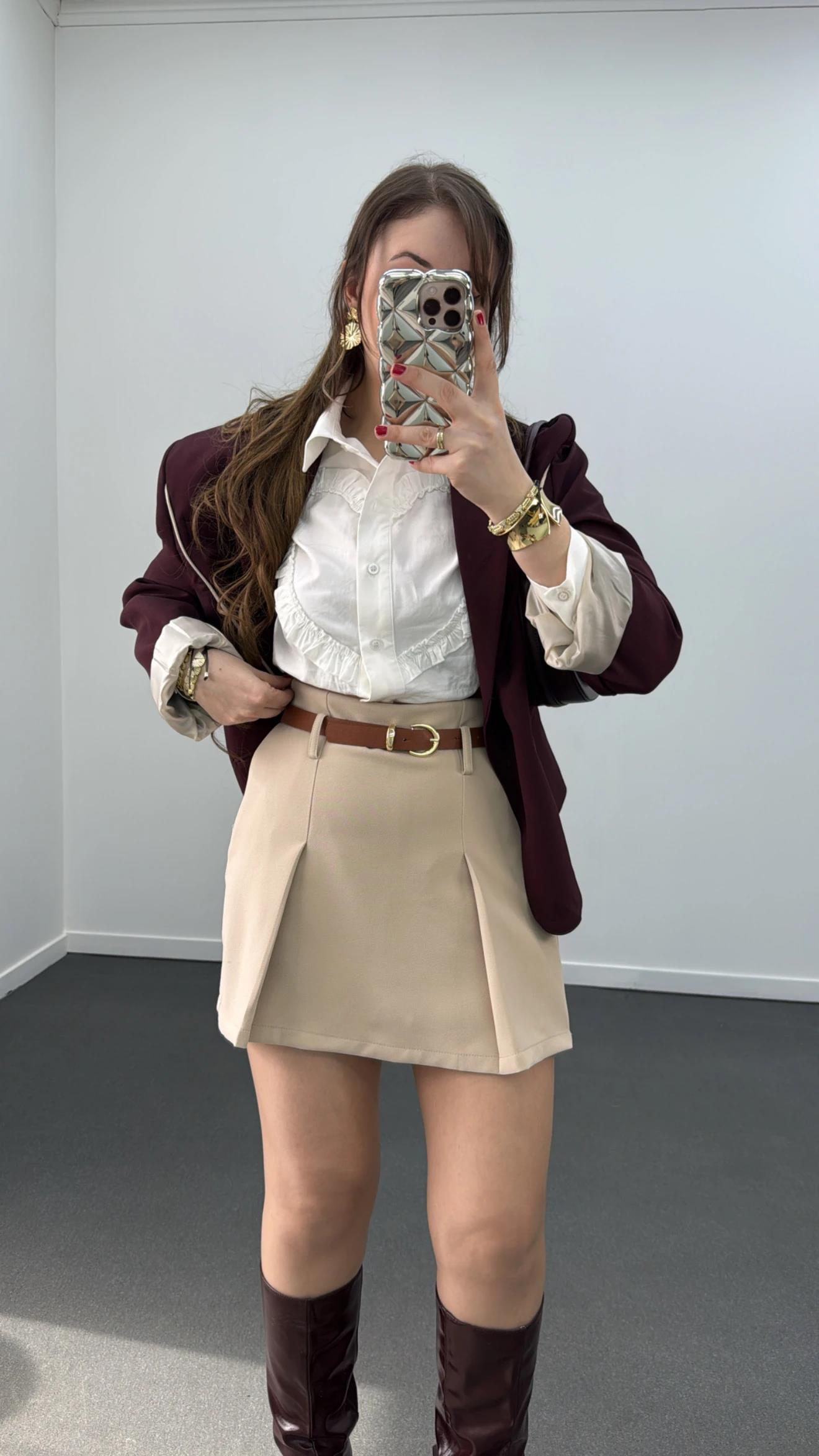 Perrie Bej Kemerli Şort Etek