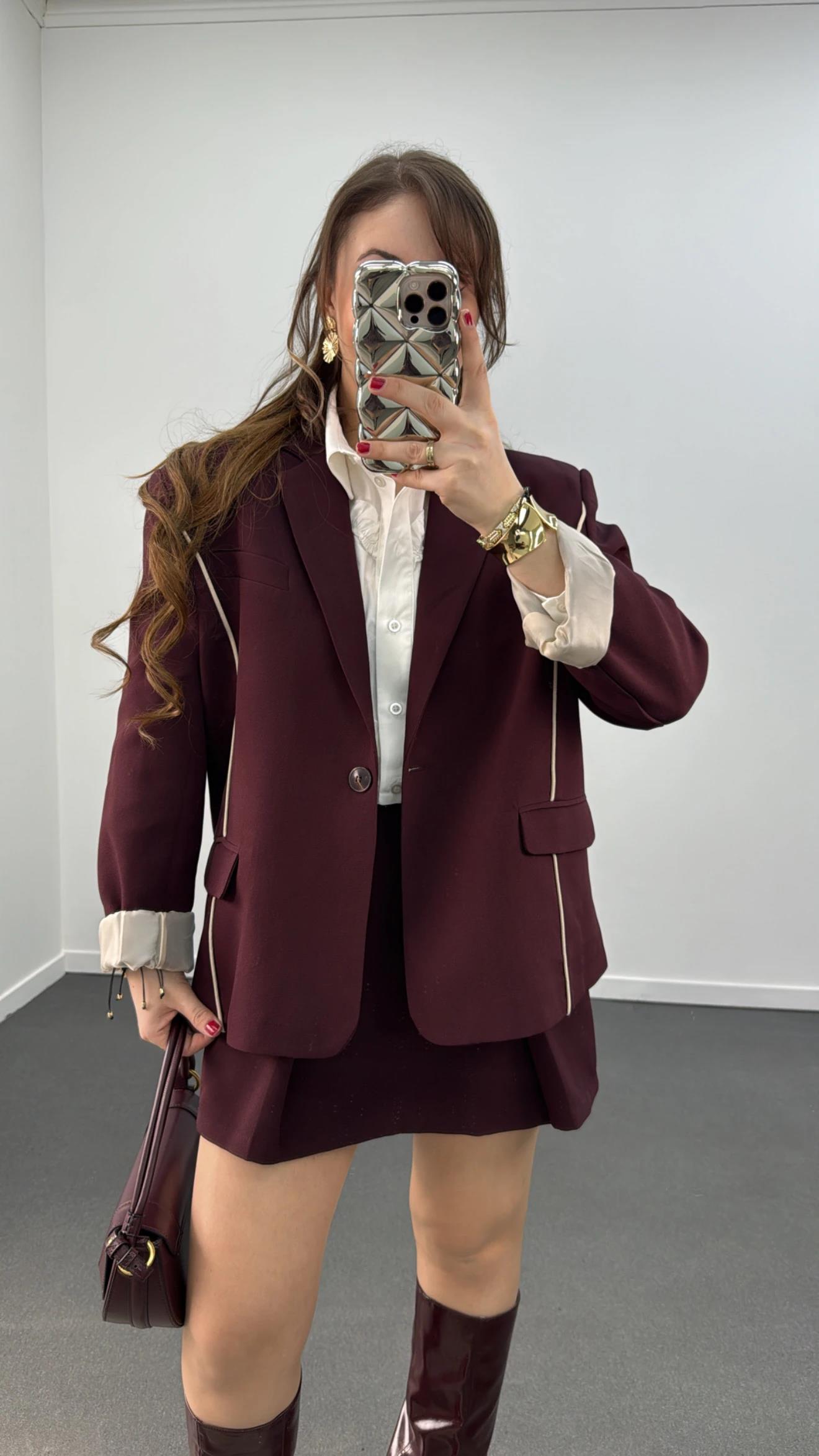 Perrie Bordo Nervür Dikiş Blazer Ceket