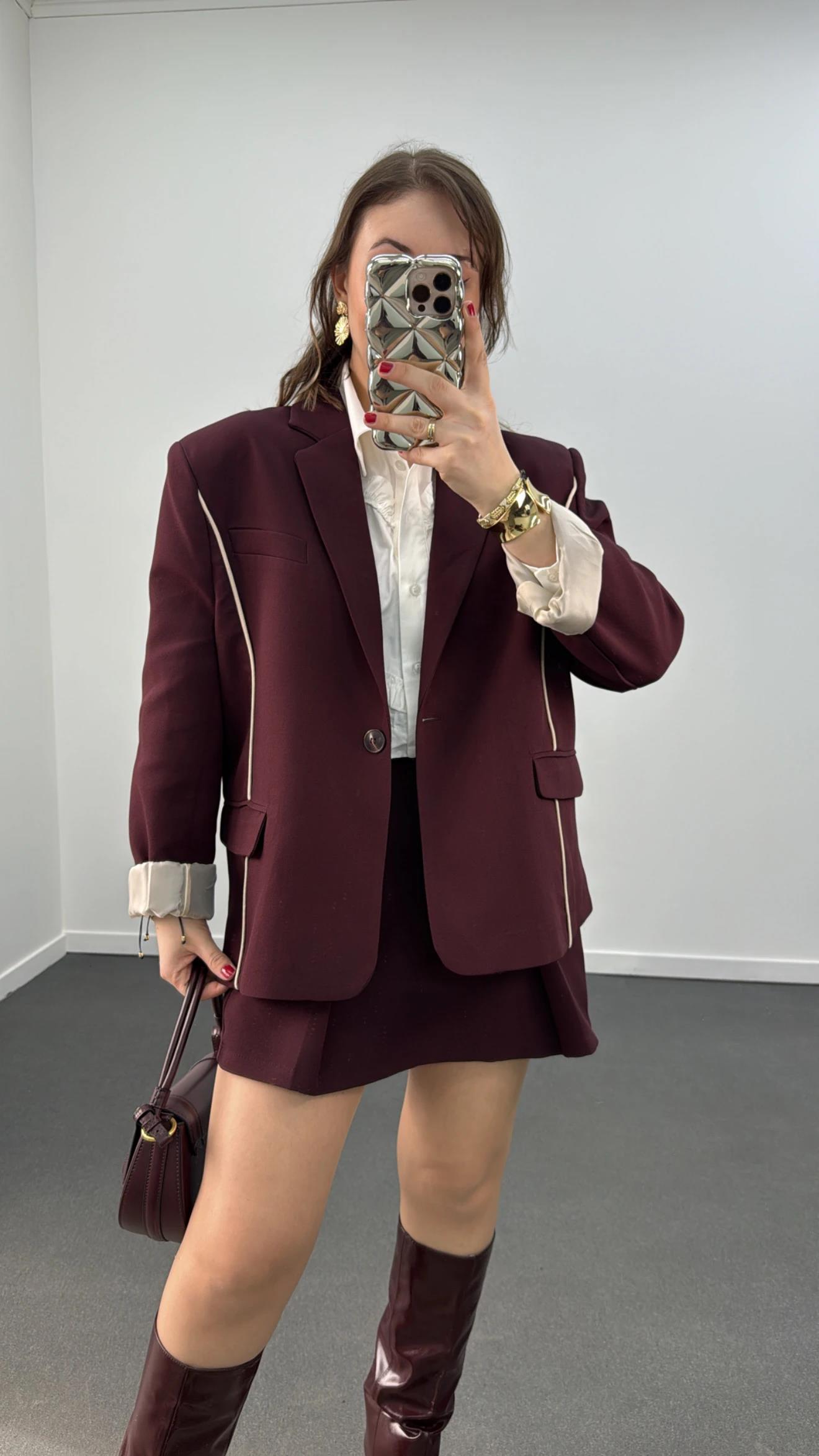 Perrie Bordo Nervür Dikiş Blazer Ceket