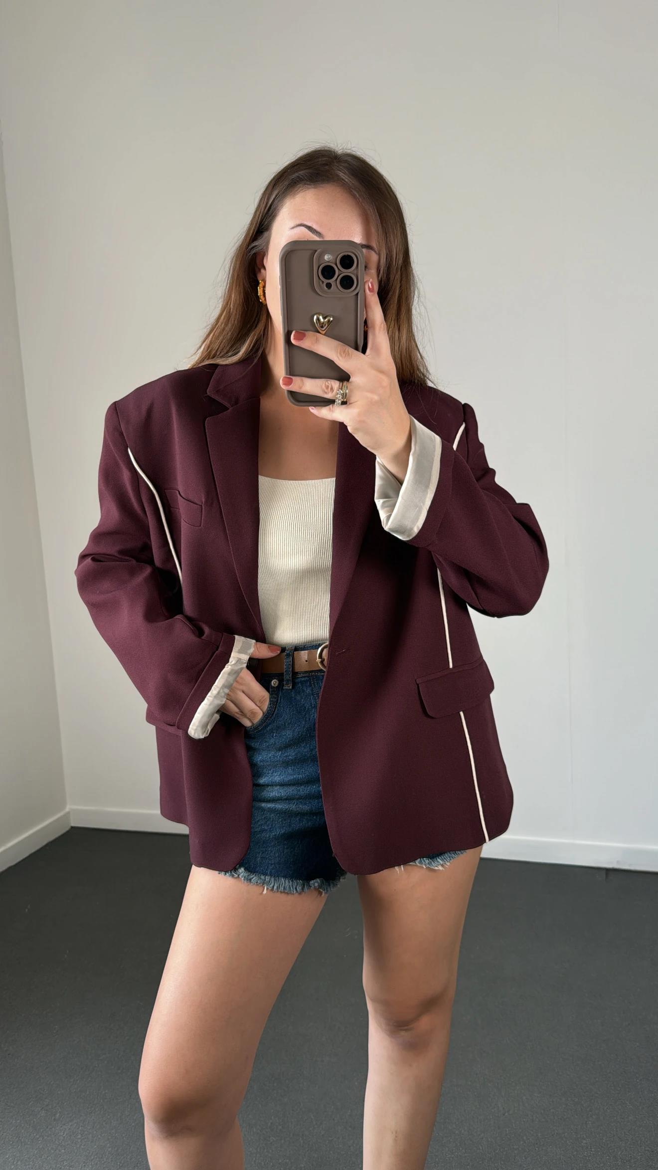 Perrie Bordo Nervür Dikiş Blazer Ceket