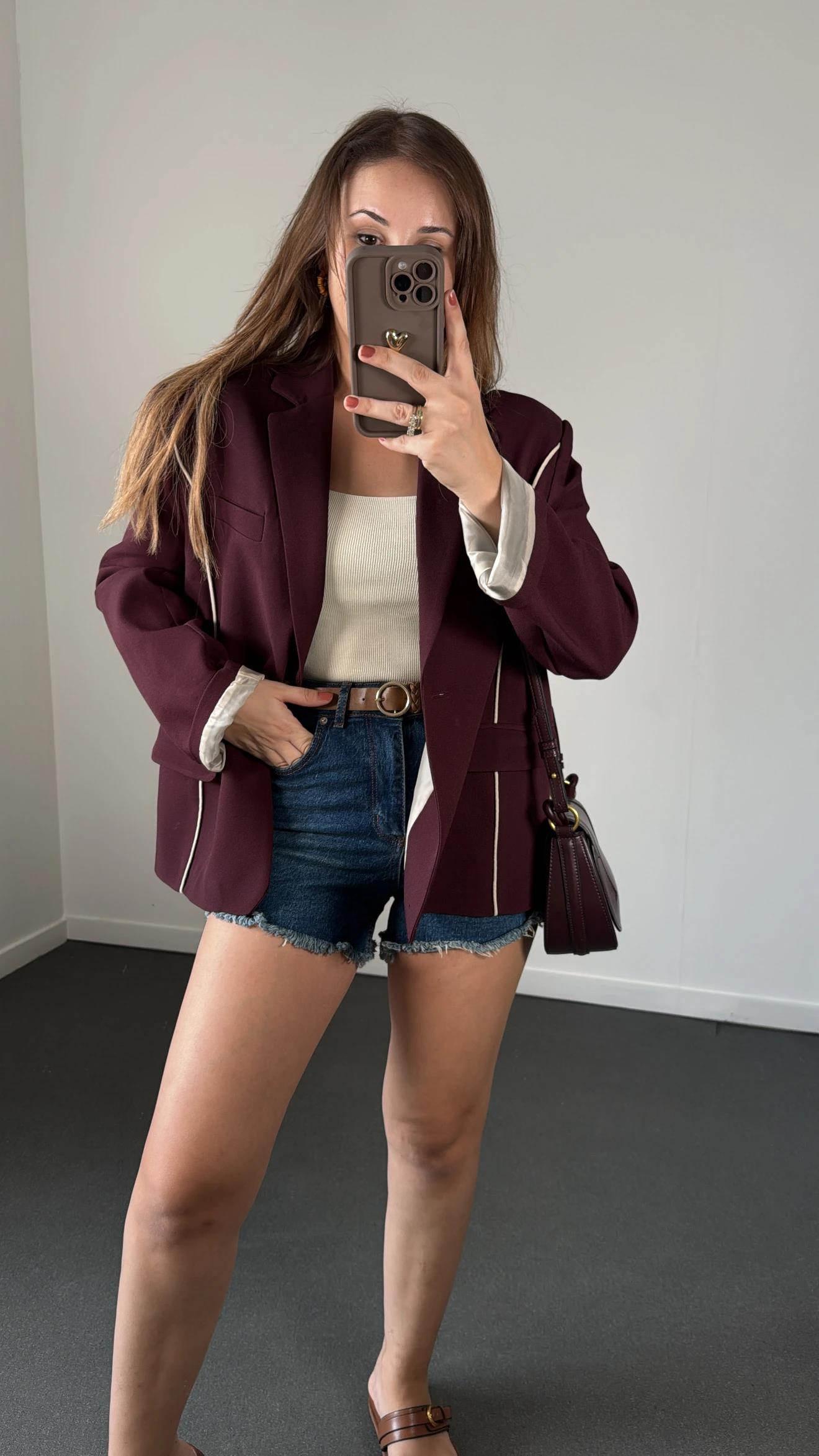 Perrie Bordo Nervür Dikiş Blazer Ceket