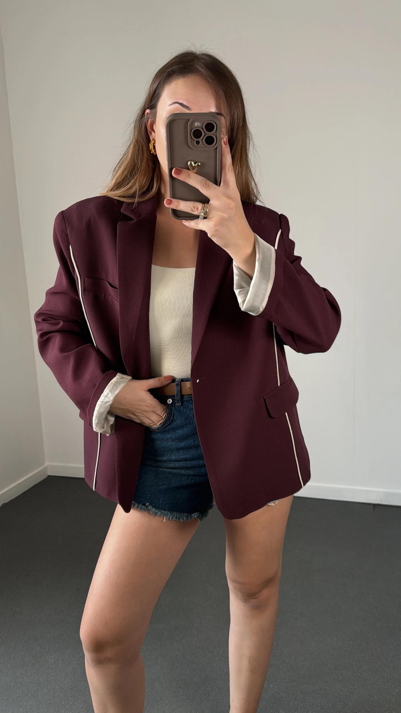 Perrie Bordo Nervür Dikiş Blazer Ceket