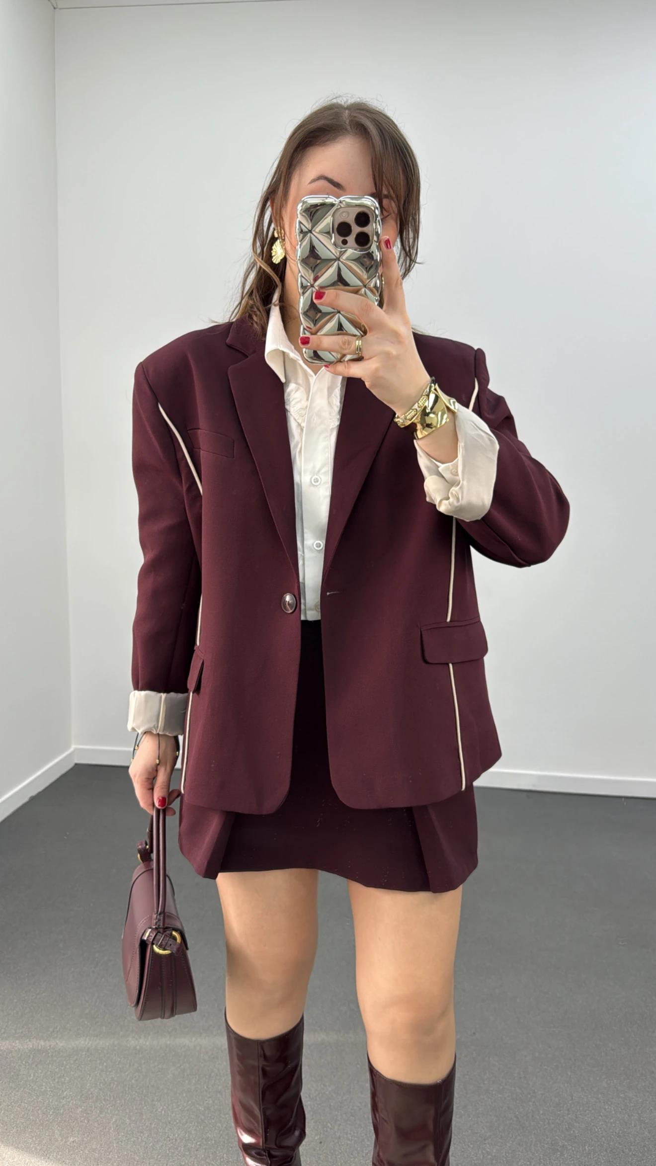 Perrie Bordo Nervür Dikiş Blazer Ceket