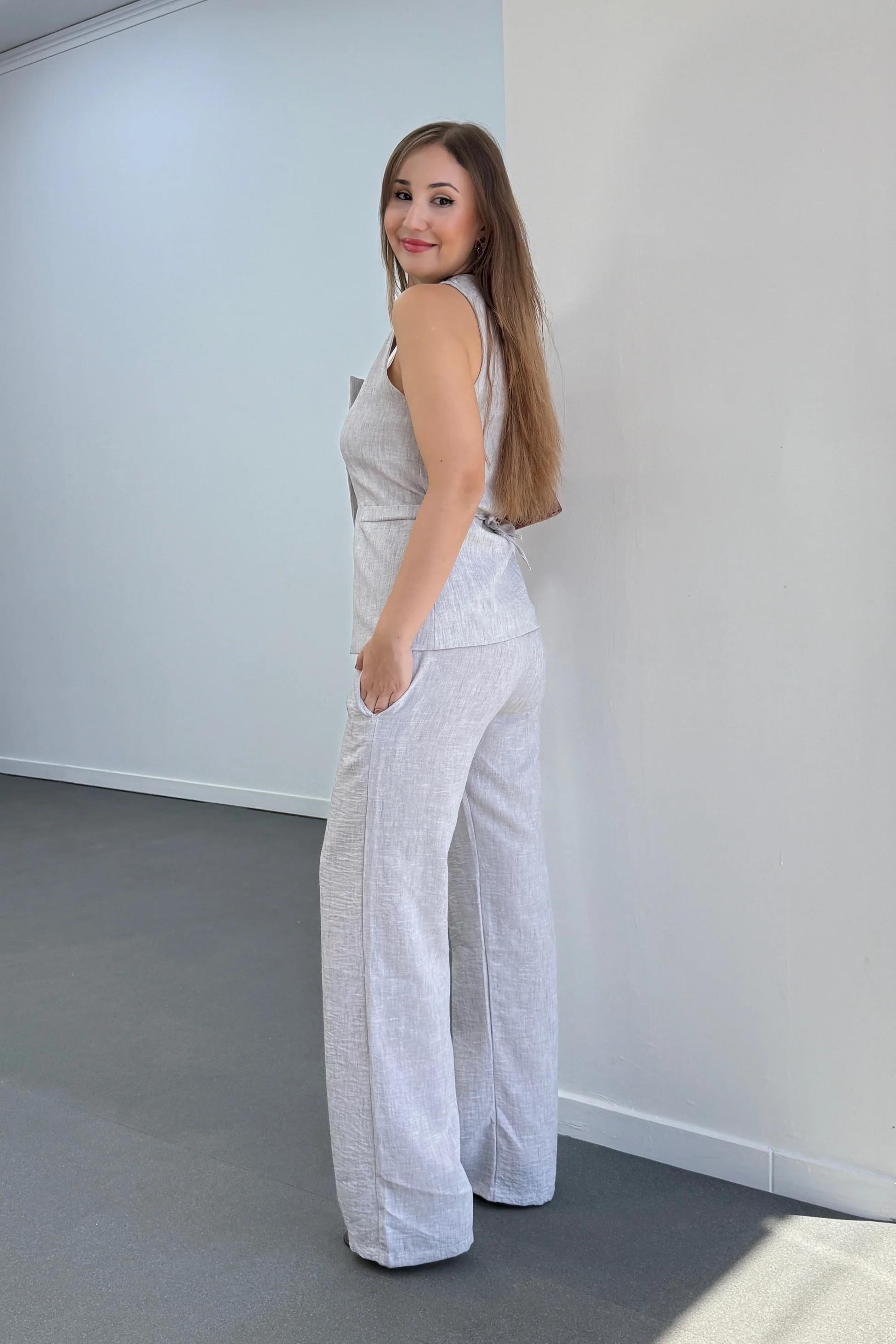 Pimmy Gri Keten Premium Yelek Takımı