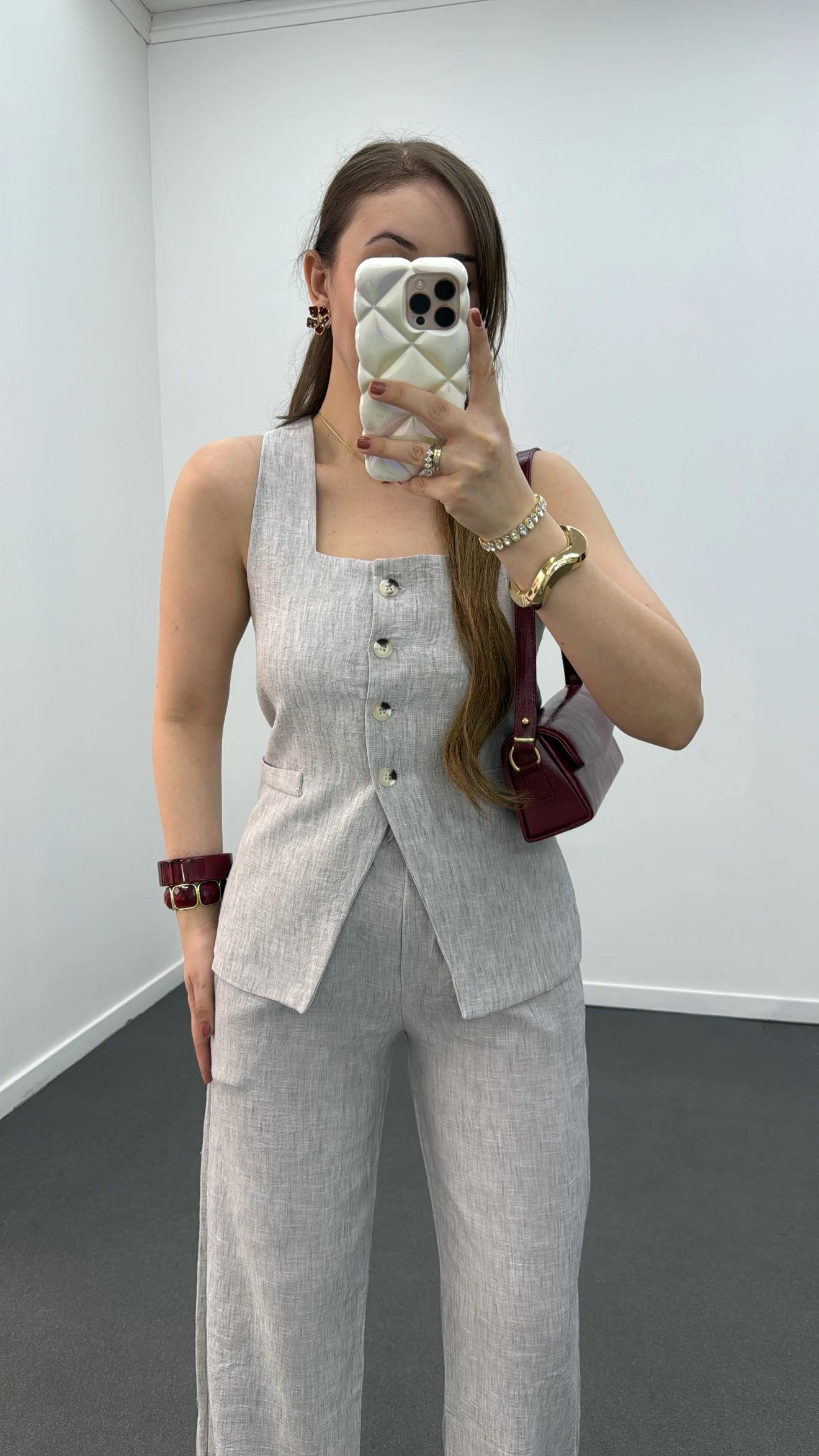 Pimmy Gri Keten Premium Yelek Takımı