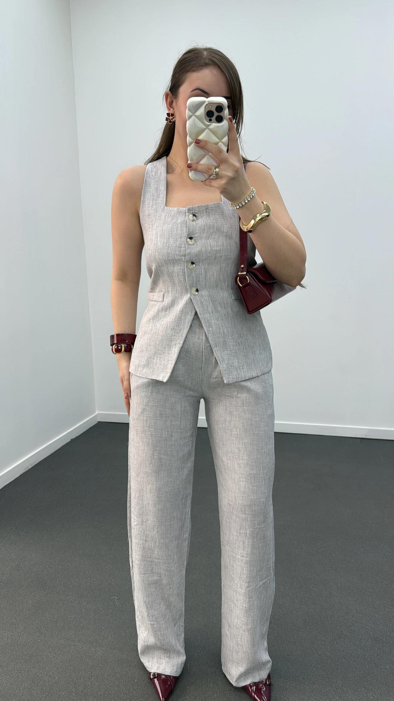 Pimmy Gri Keten Premium Yelek Takımı