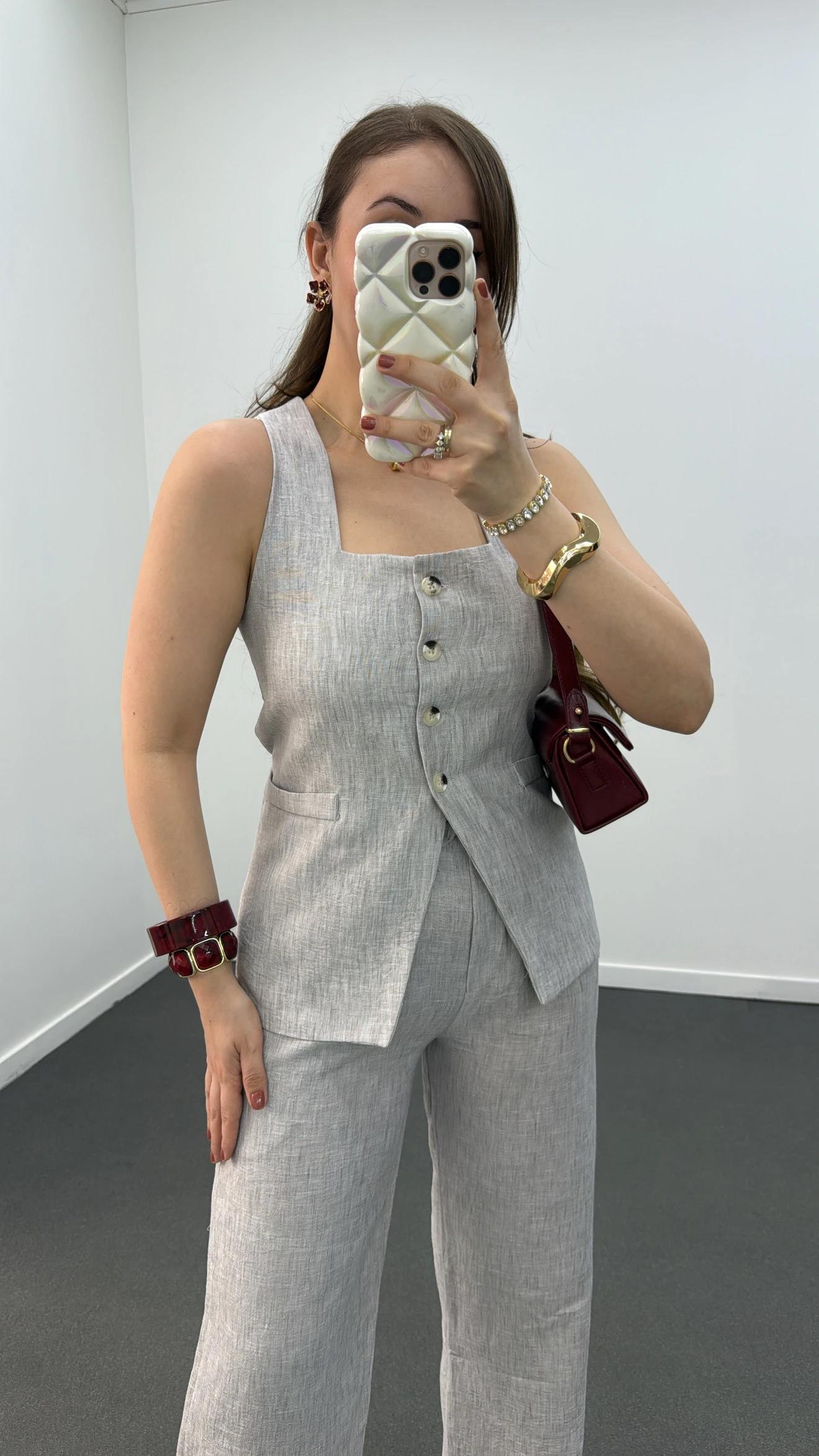 Pimmy Gri Keten Premium Yelek Takımı