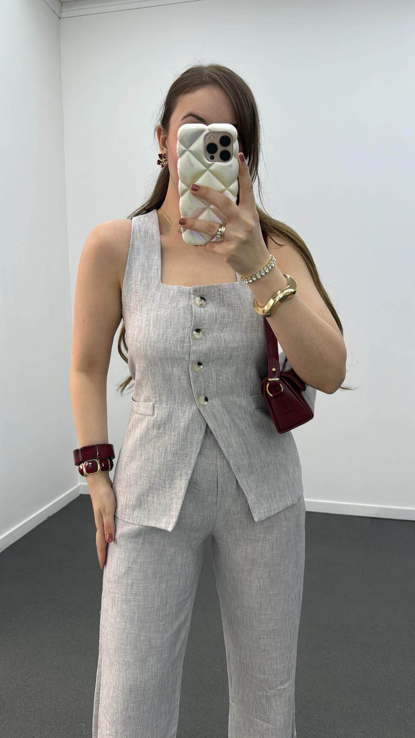 Pimmy Gri Keten Premium Yelek Takımı