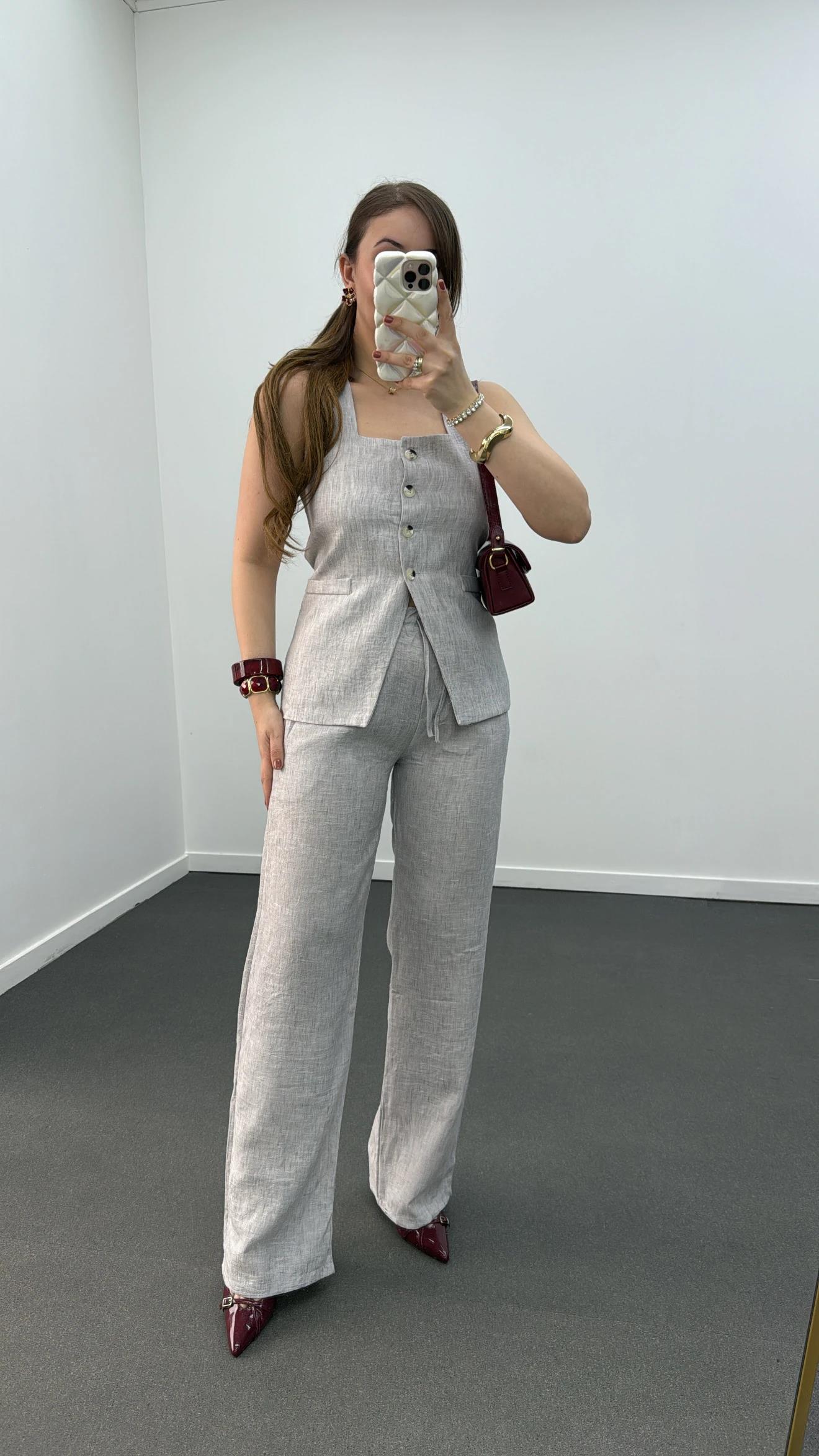 Pimmy Gri Keten Premium Yelek Takımı