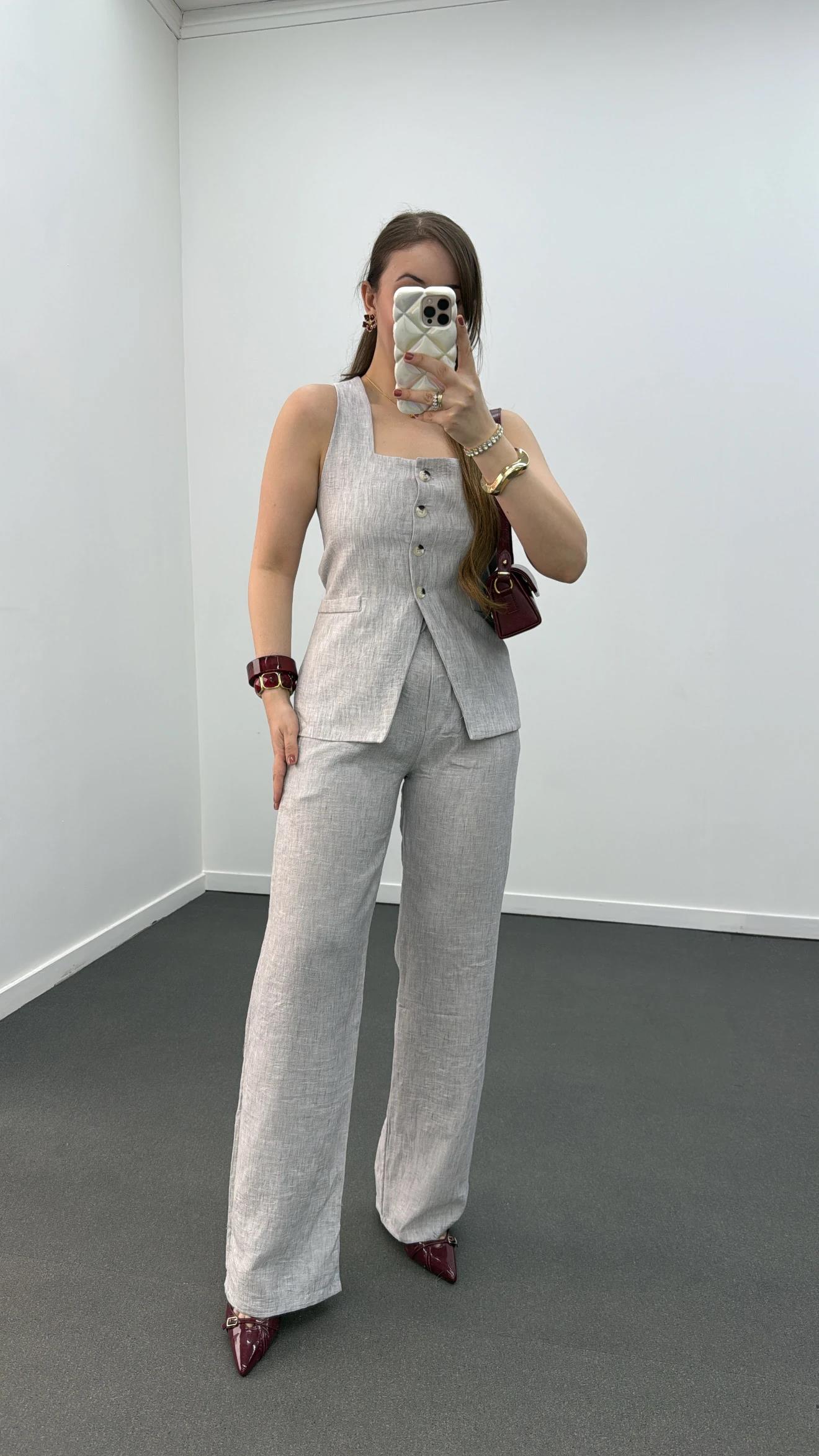 Pimmy Gri Keten Premium Yelek Takımı