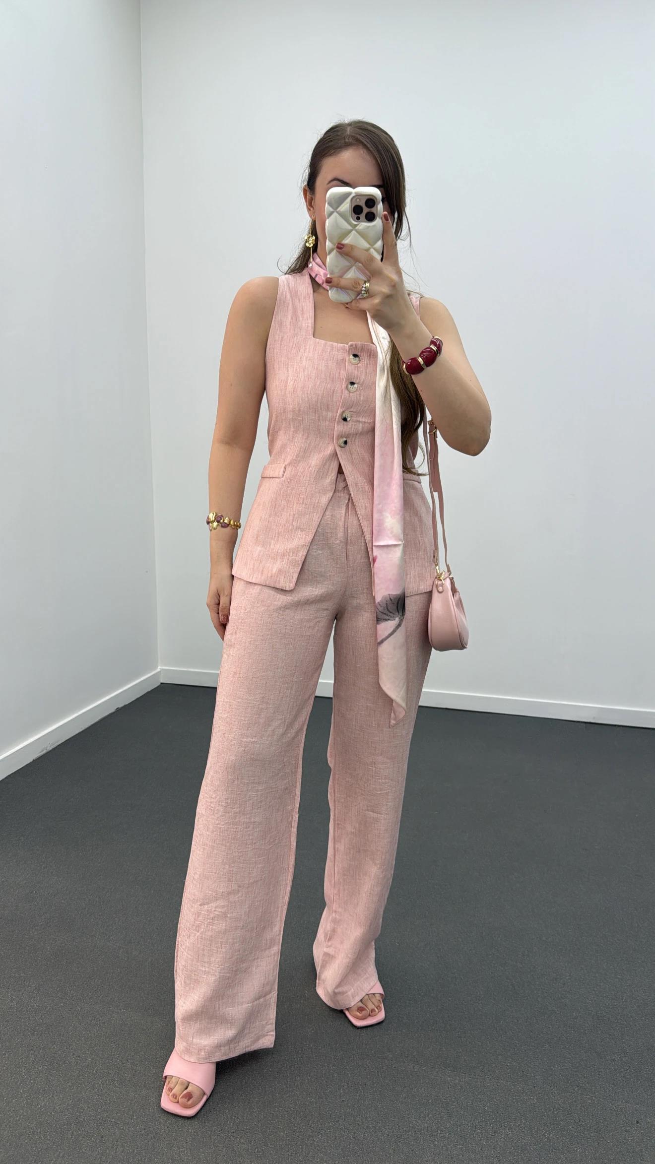 Pimmy Pembe Keten Premium Yelek Ve Pantolon Takımı