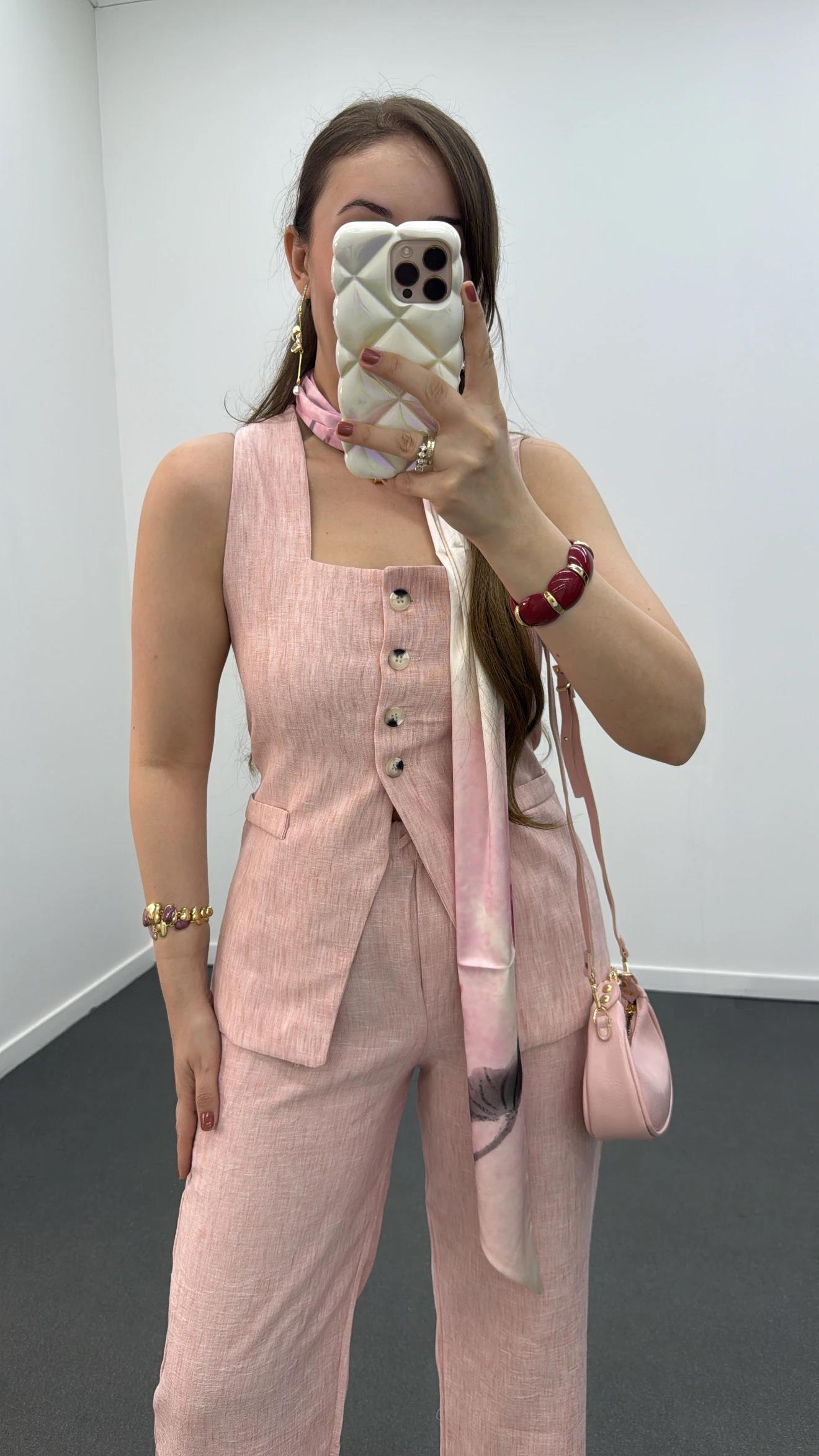 Pimmy Pembe Keten Premium Yelek Ve Pantolon Takımı