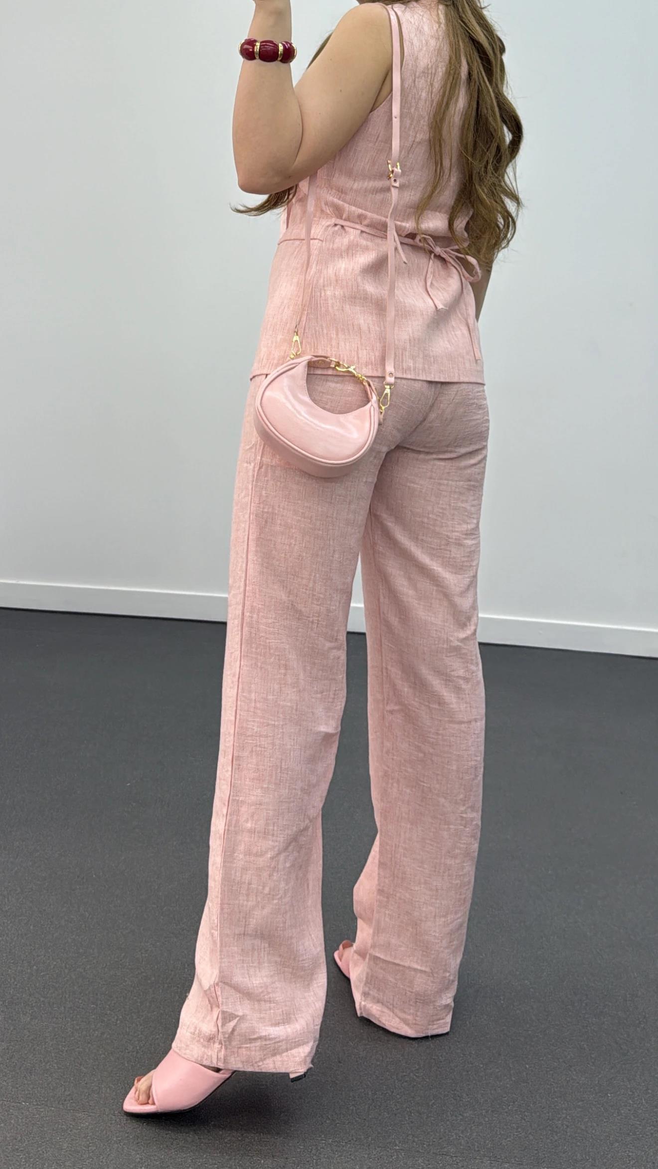 Pimmy Pembe Keten Premium Yelek Ve Pantolon Takımı