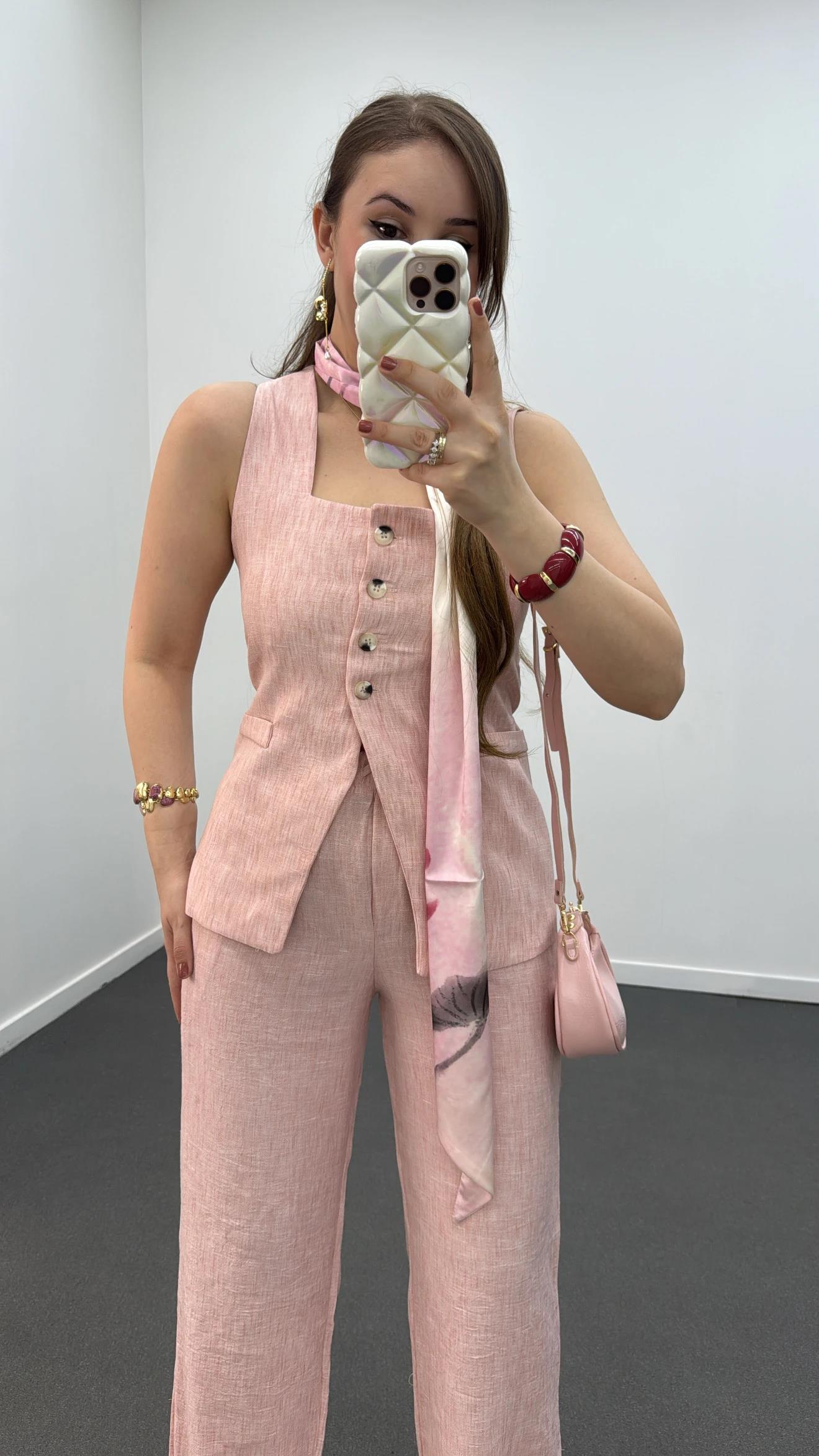 Pimmy Pembe Keten Premium Yelek Ve Pantolon Takımı