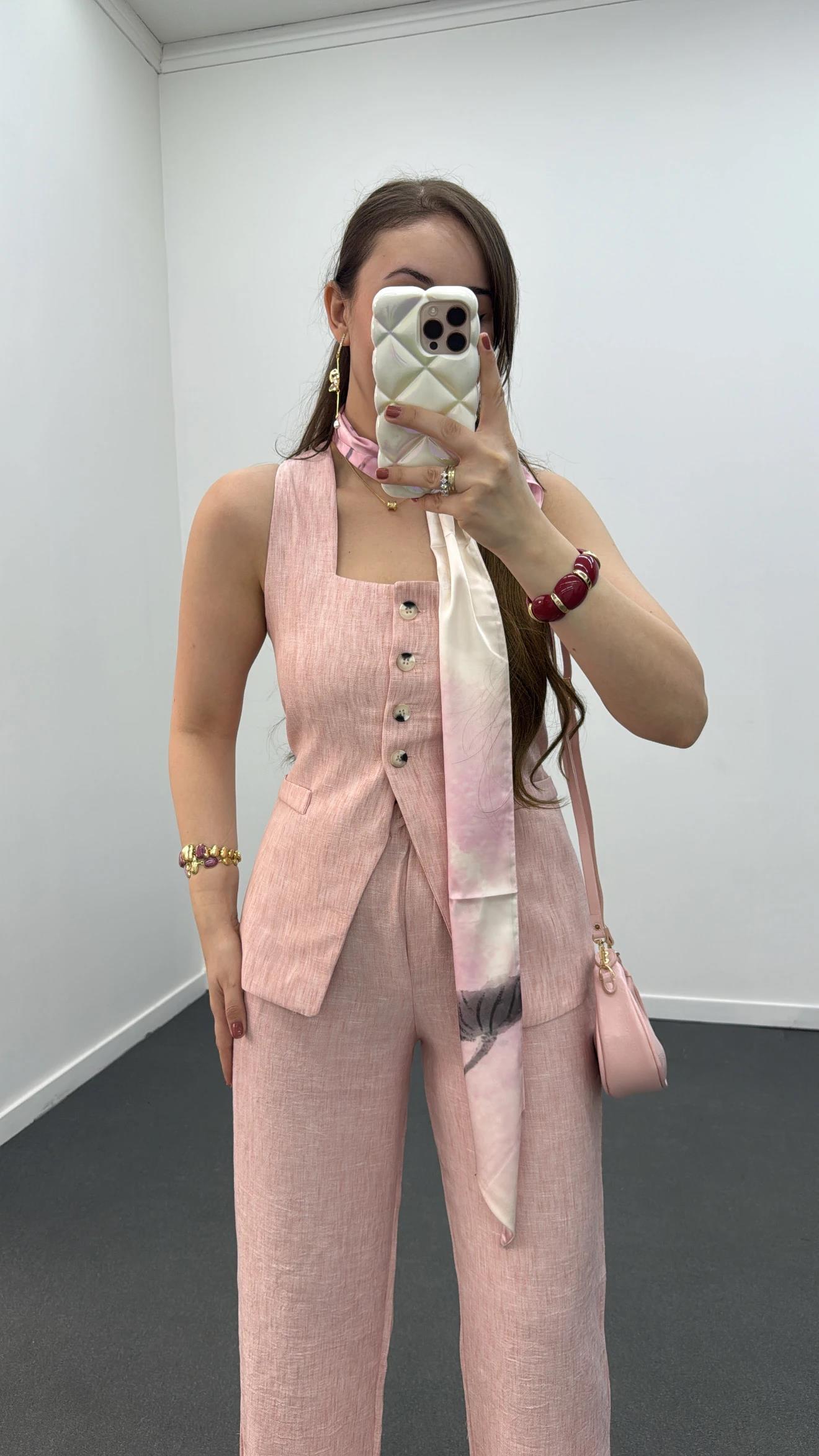 Pimmy Pembe Keten Premium Yelek Ve Pantolon Takımı