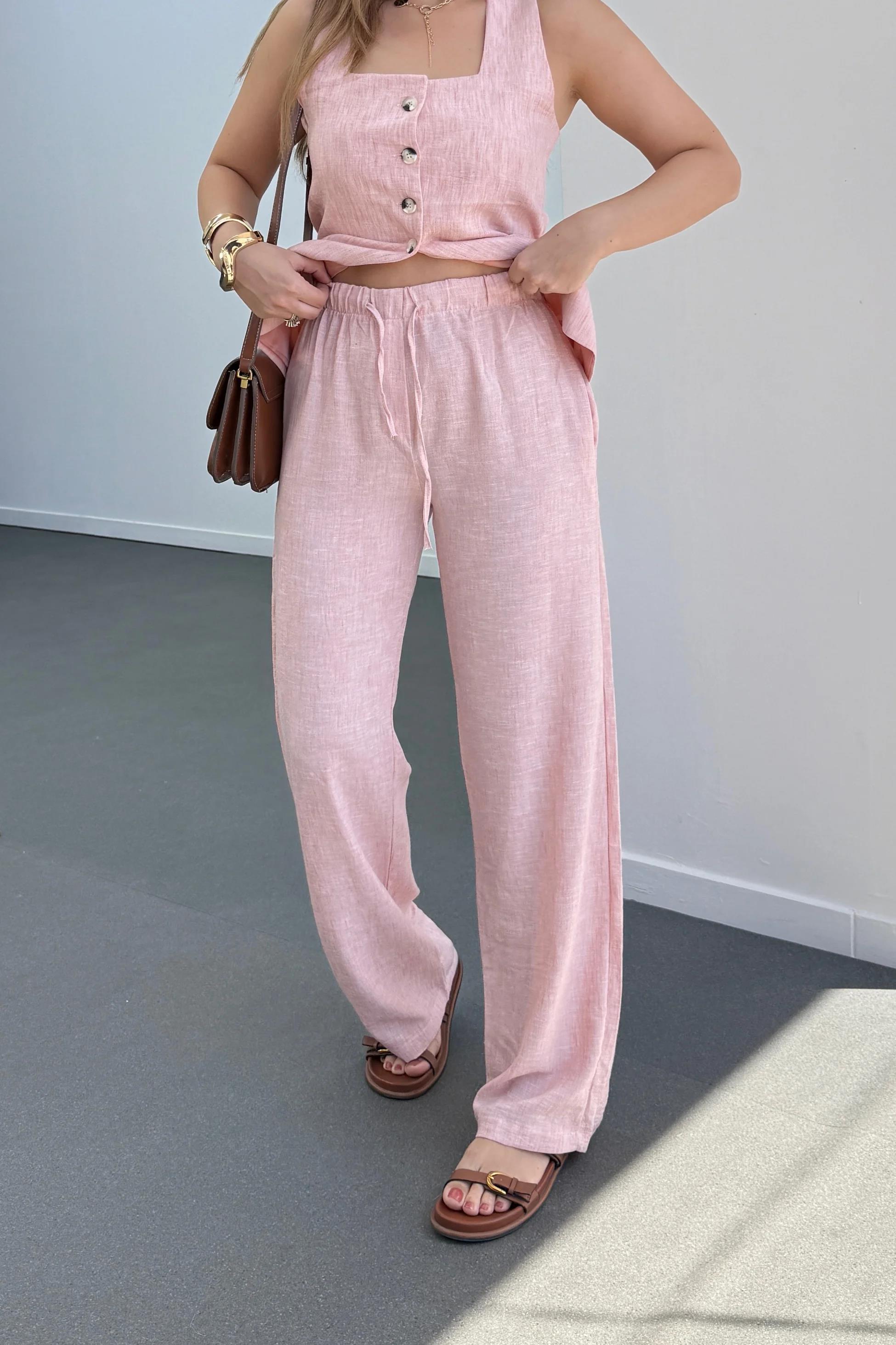 Pimmy Pembe Keten Premium Yelek Ve Pantolon Takımı