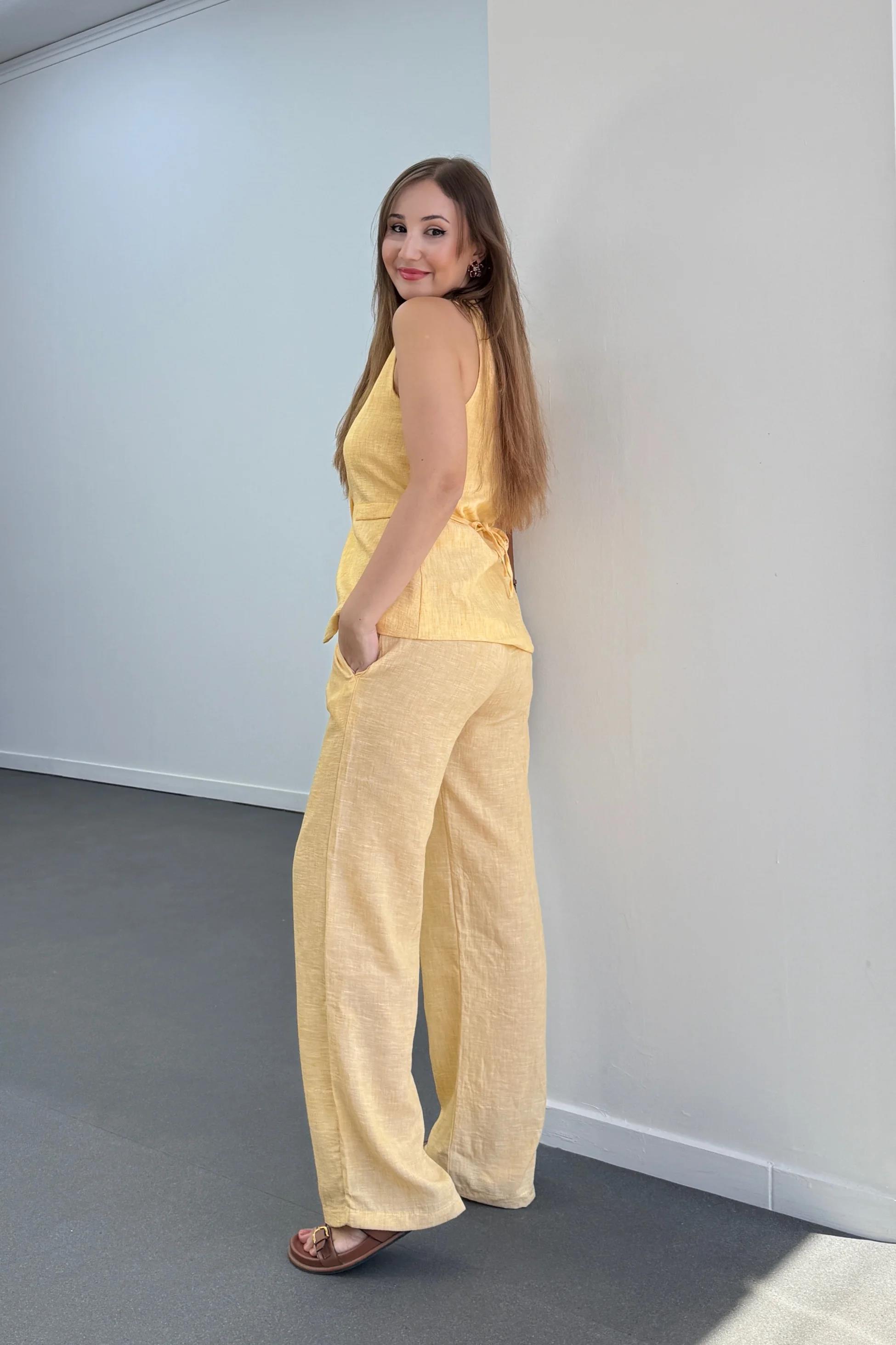 Pimmy Sarı Keten Premium Yelek Ve Pantolon Takımı