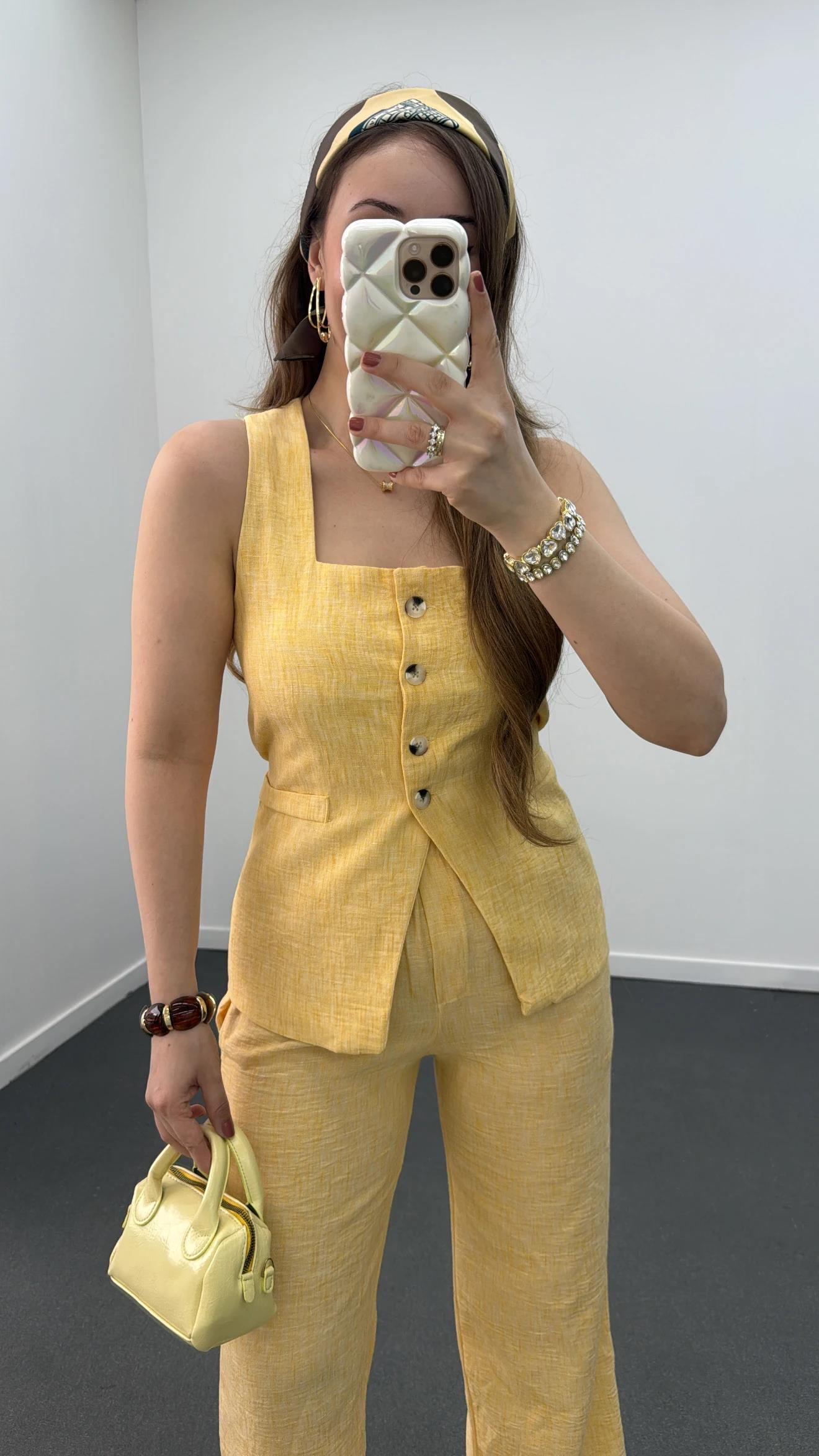 Pimmy Sarı Keten Premium Yelek Ve Pantolon Takımı