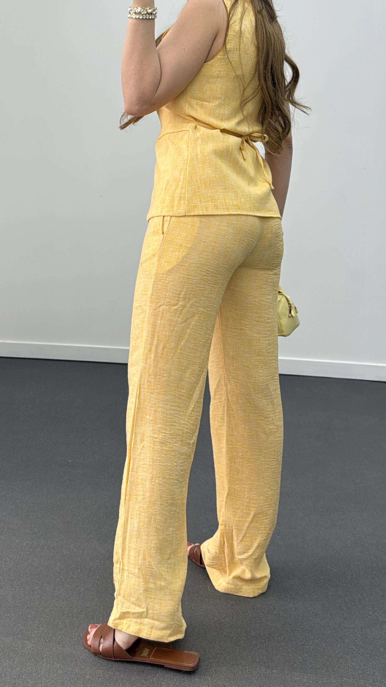 Pimmy Sarı Keten Premium Yelek Ve Pantolon Takımı