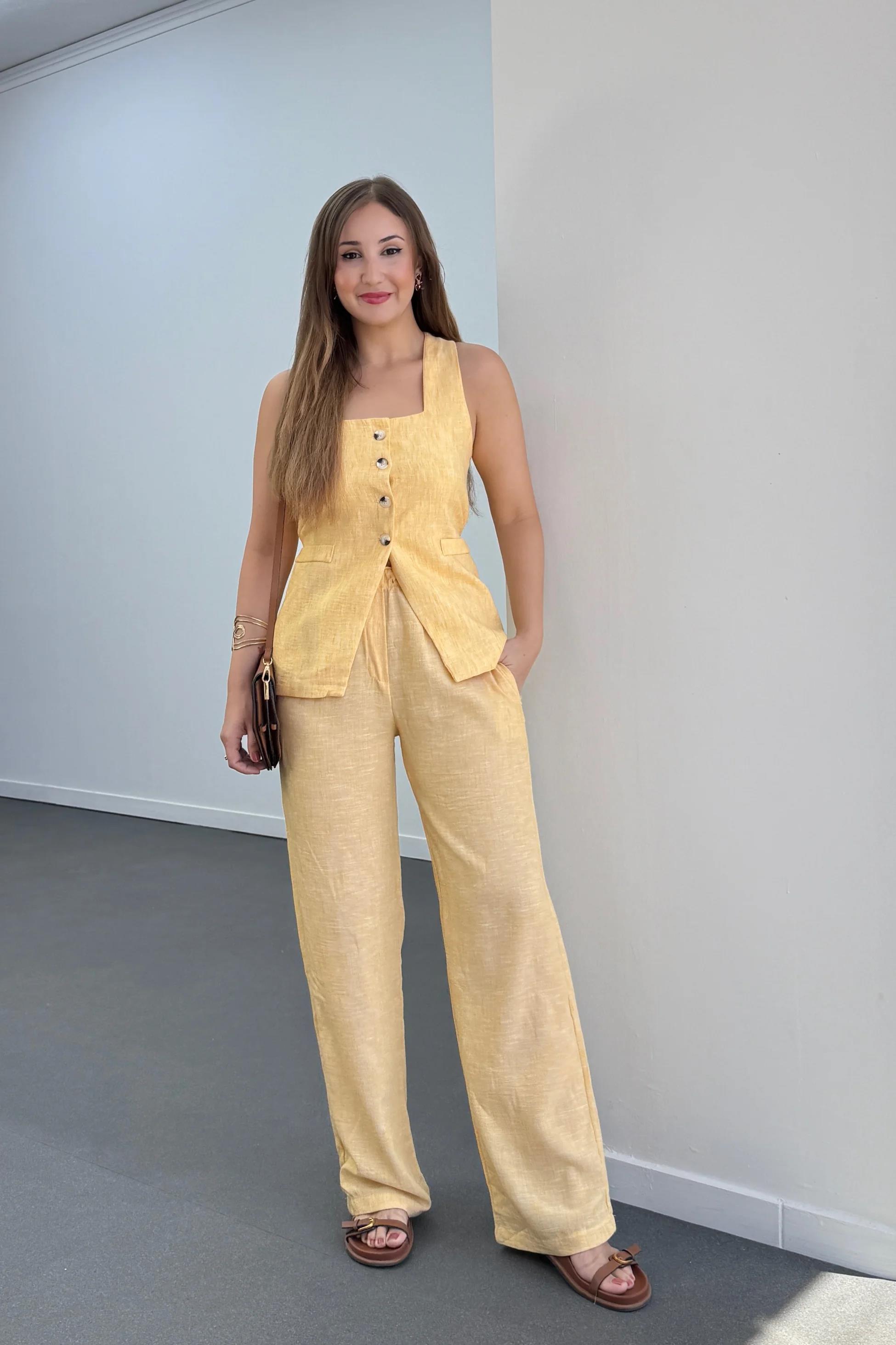 Pimmy Sarı Keten Premium Yelek Ve Pantolon Takımı