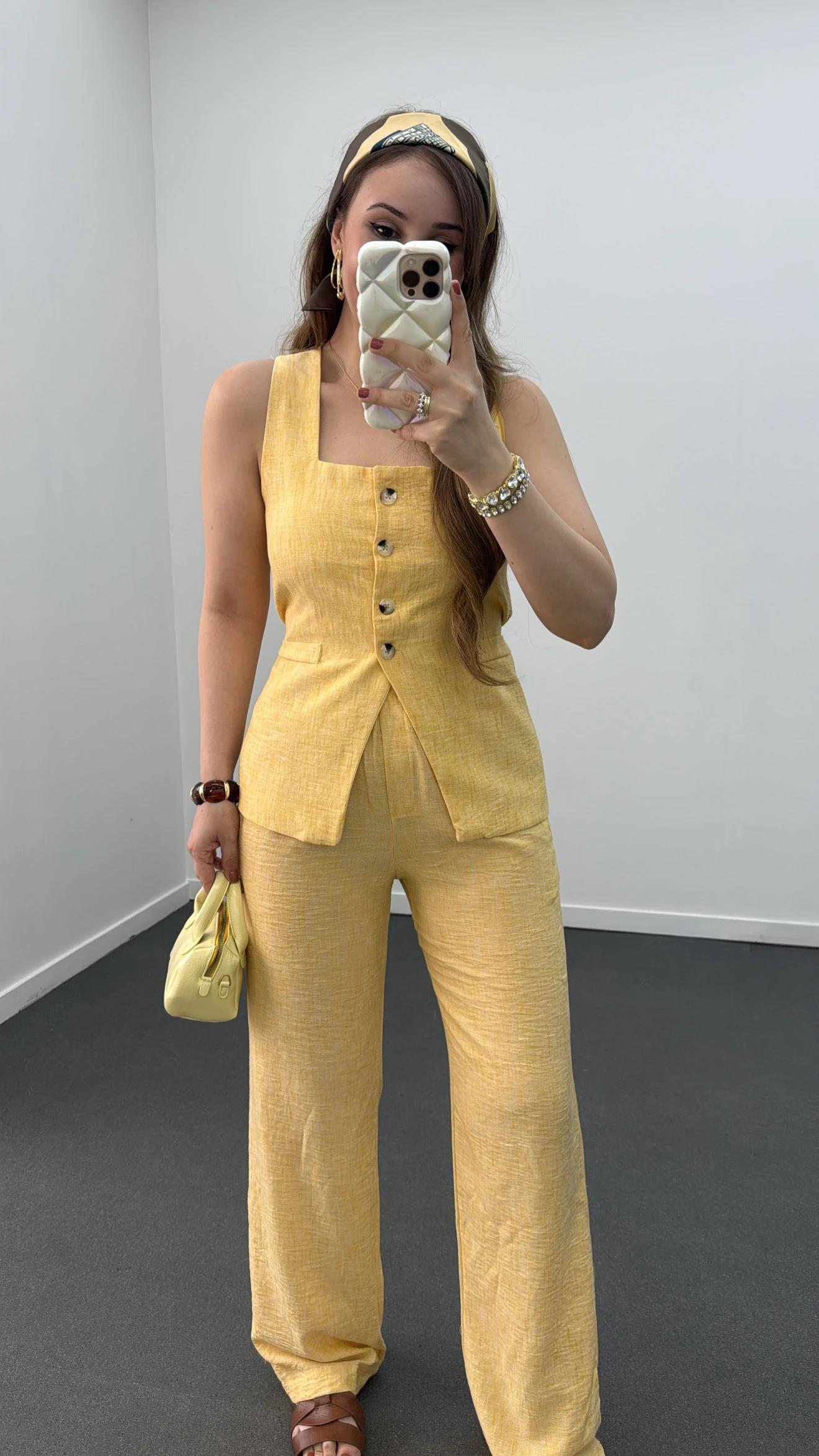 Pimmy Sarı Keten Premium Yelek Ve Pantolon Takımı