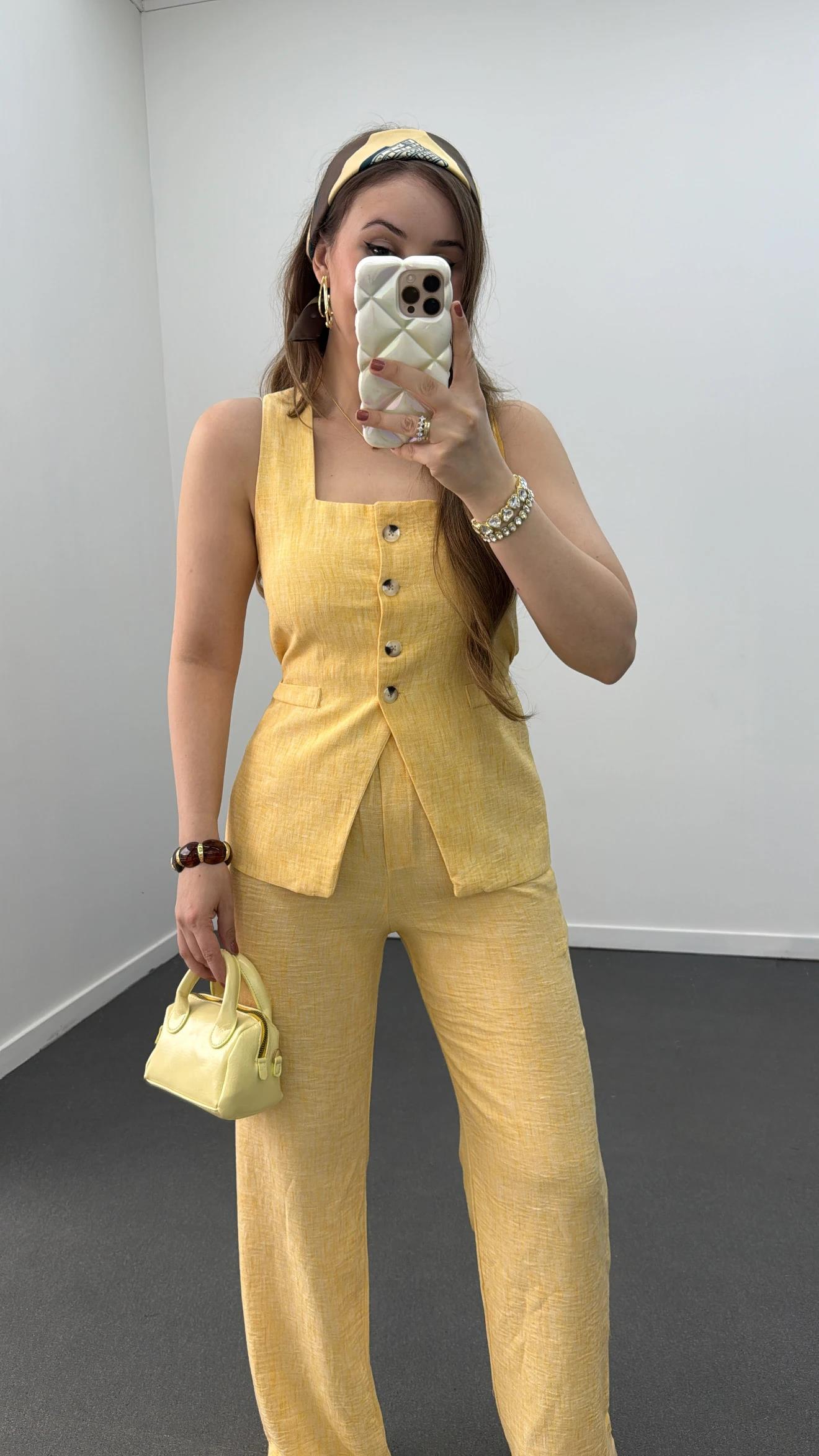 Pimmy Sarı Keten Premium Yelek Ve Pantolon Takımı