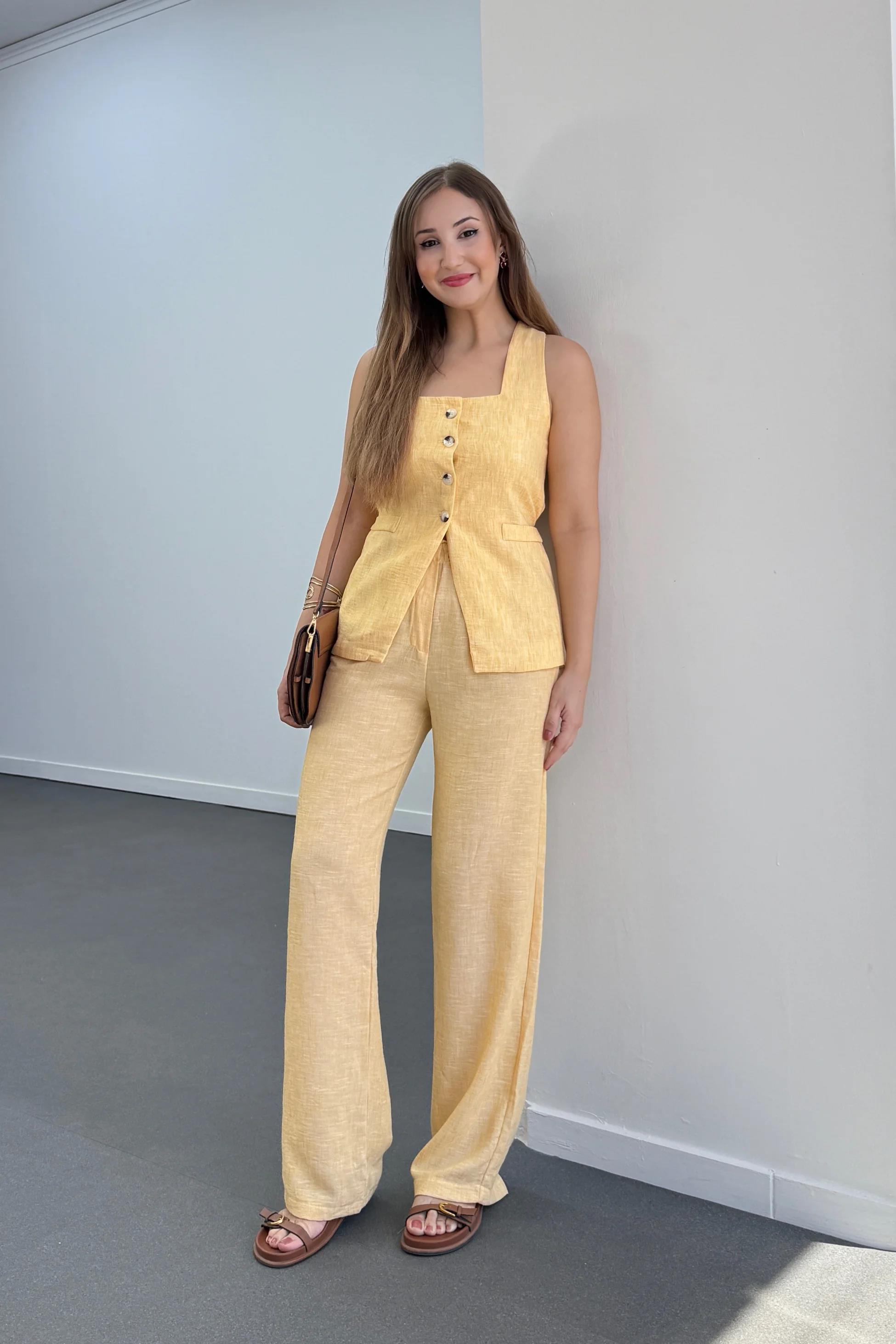 Pimmy Sarı Keten Premium Yelek Ve Pantolon Takımı