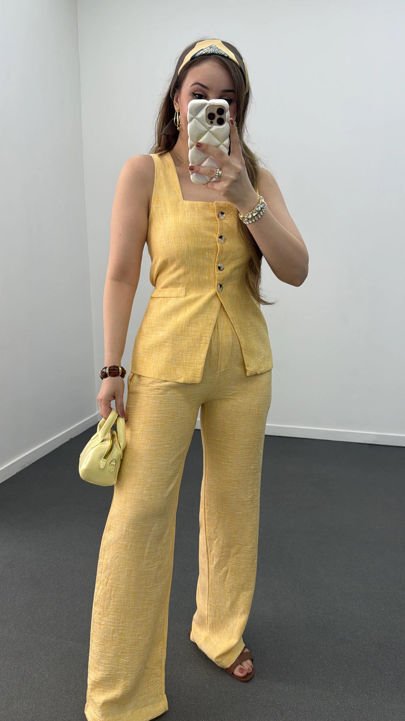 Pimmy Sarı Keten Premium Yelek Ve Pantolon Takımı