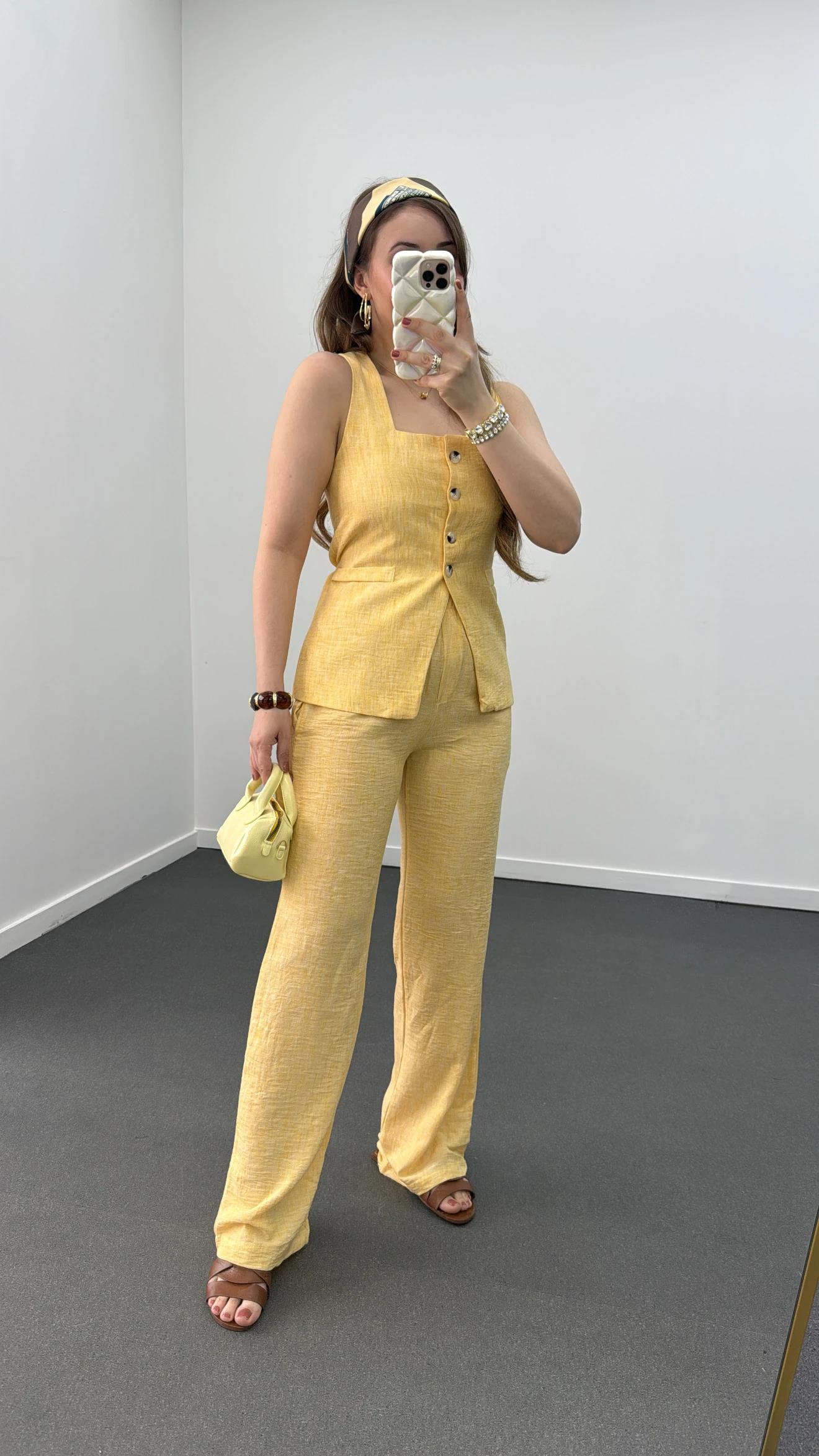 Pimmy Sarı Keten Premium Yelek Ve Pantolon Takımı