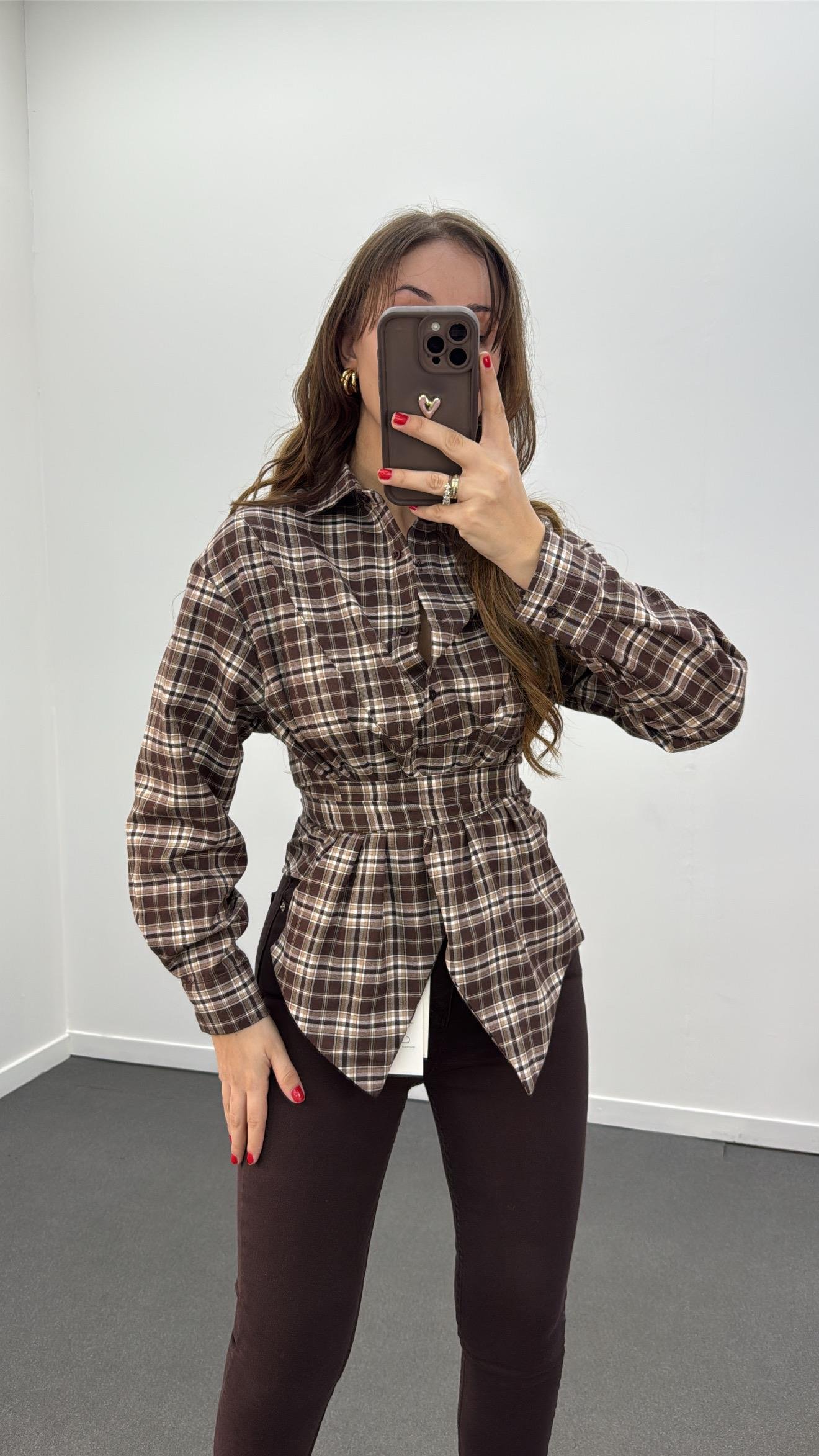 Polina Kahve Bej Ekoseli Tasarım İpli Gömlek