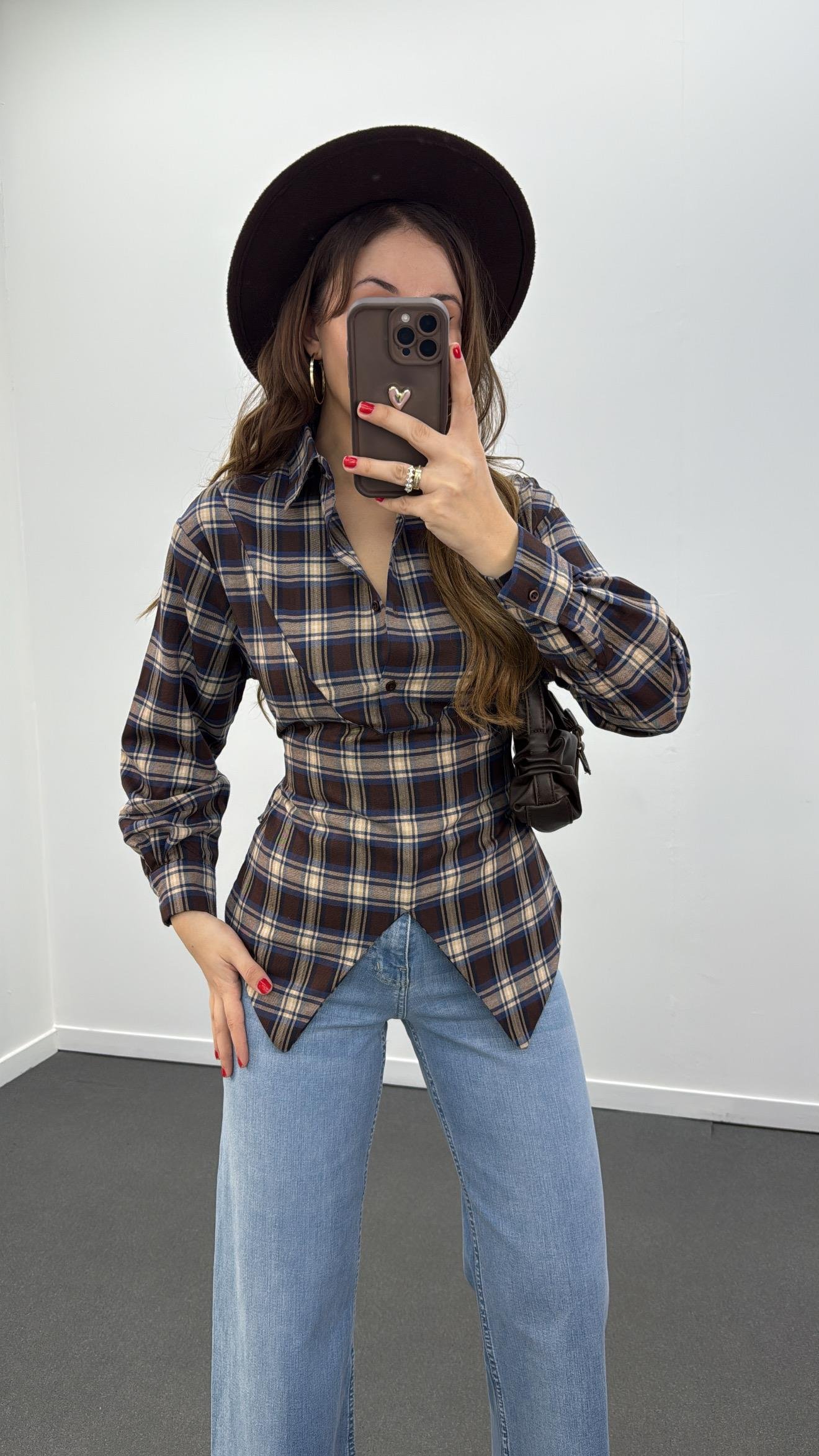 Polina Kahve Mavi Ekoseli Tasarım İpli Gömlek