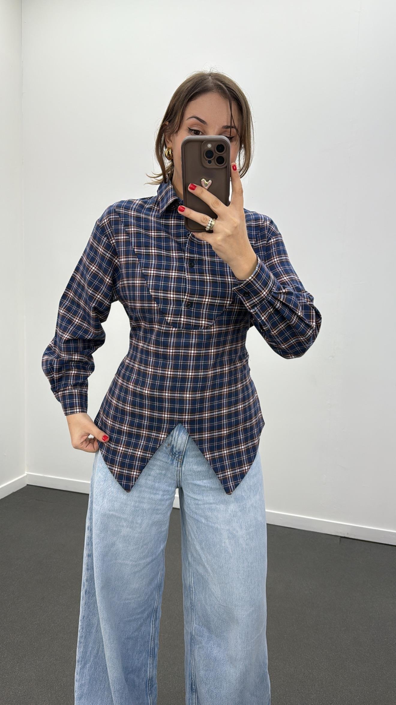 Polina Lacivert Kahve Ekoseli Tasarım İpli Gömlek