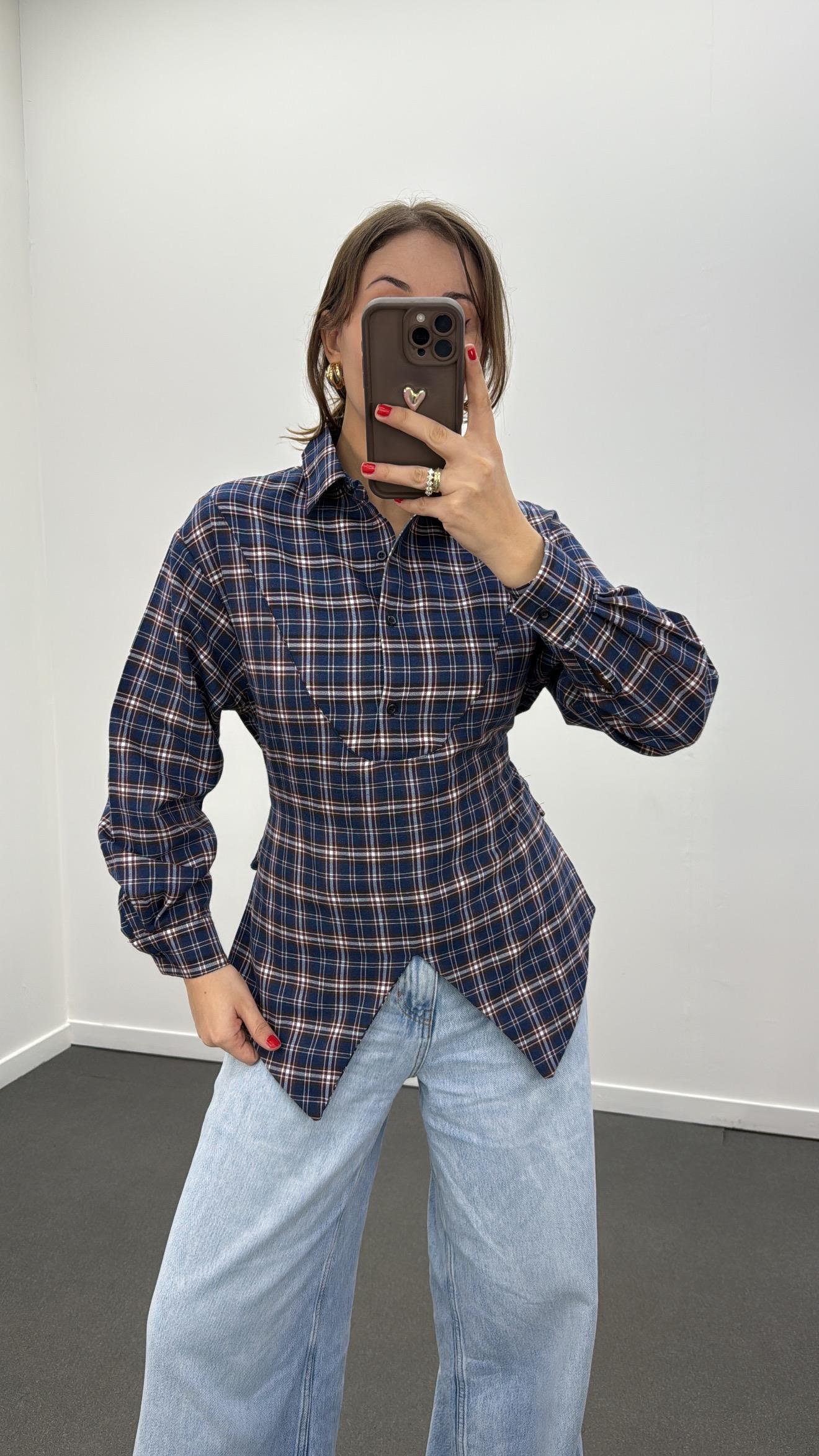 Polina Lacivert Kahve Ekoseli Tasarım İpli Gömlek